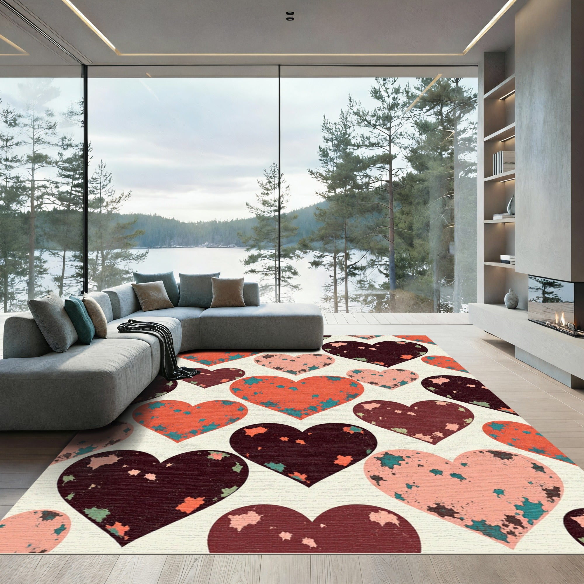 Distressed Red and Dark Heart Collage Rug