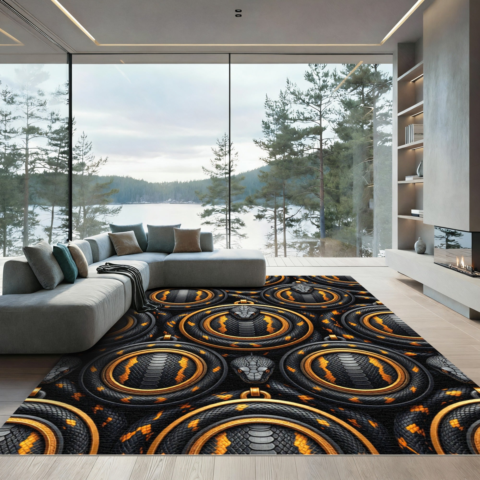 Golden Serpent Medallion Black Onyx Rug