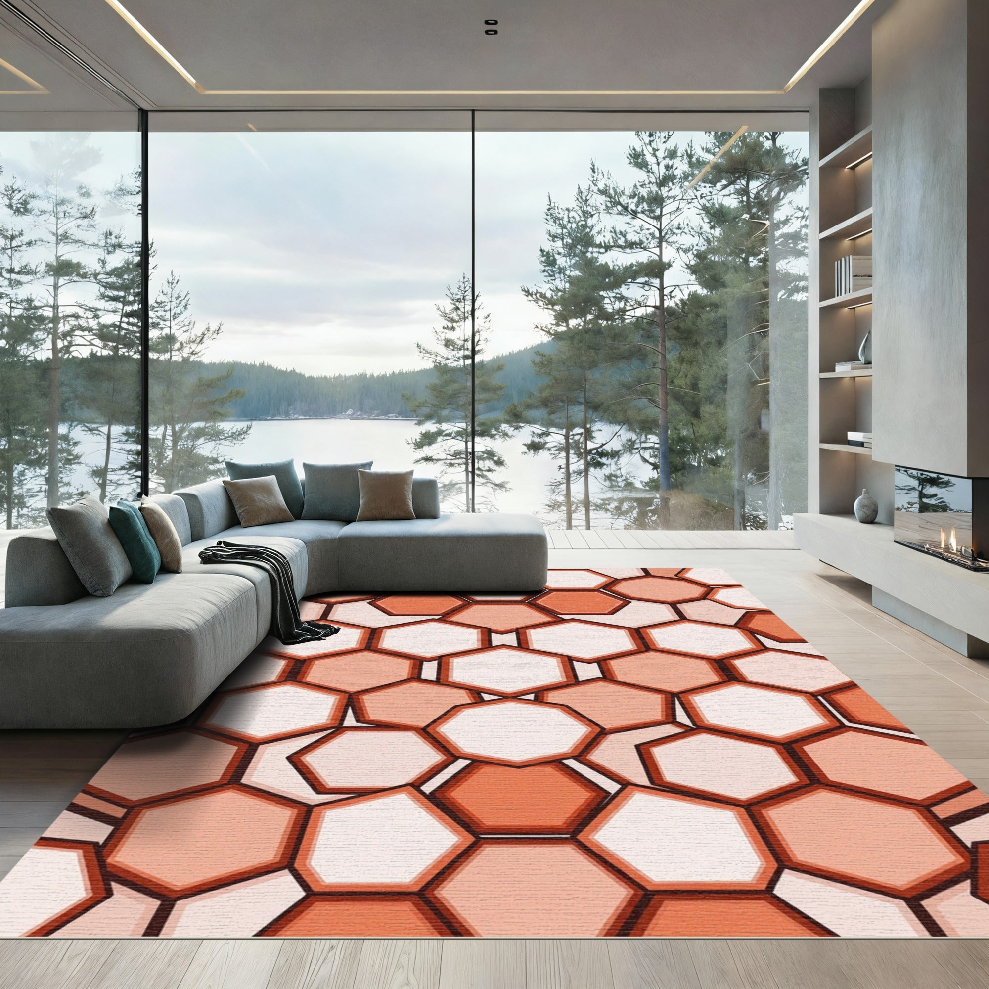 Terracotta Segmented Geometric Honeycomb Rug