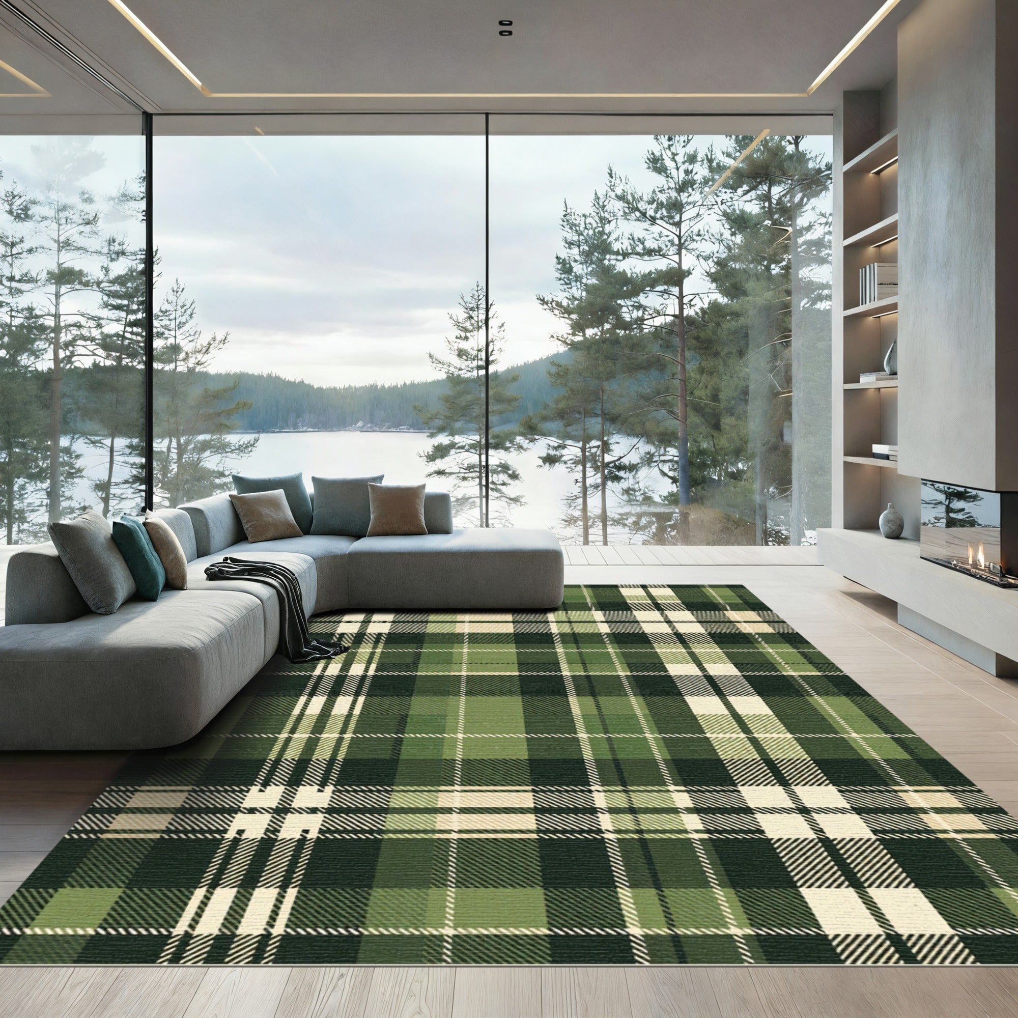 Classic Dark Forest Green Plaid Rug
