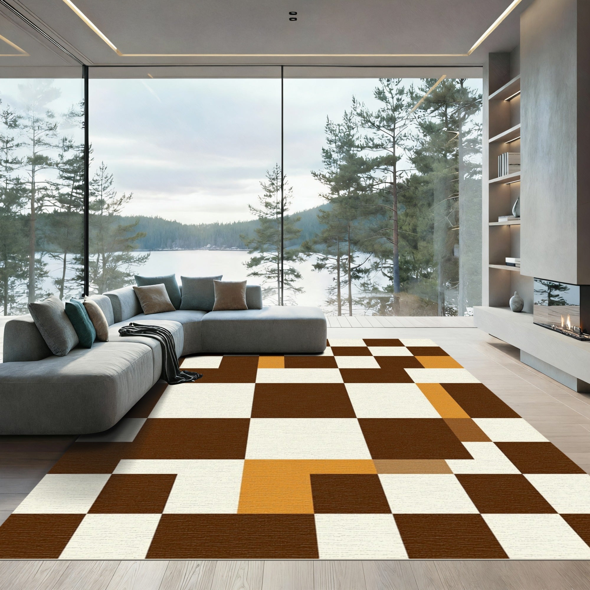 Modern Brown and Ochre Checkerboard Grid Rug
