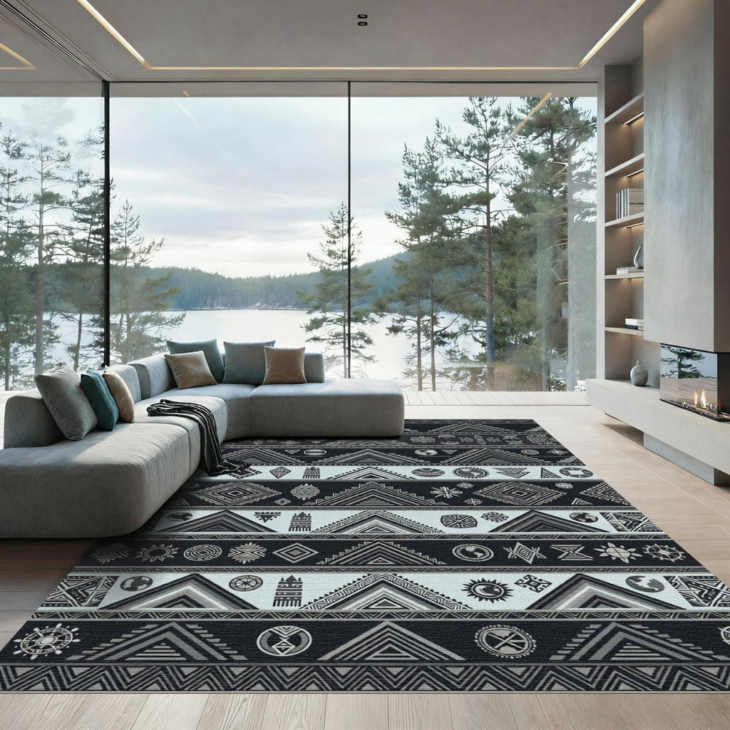 Tribal Geometric Symbols Stripes Rug
