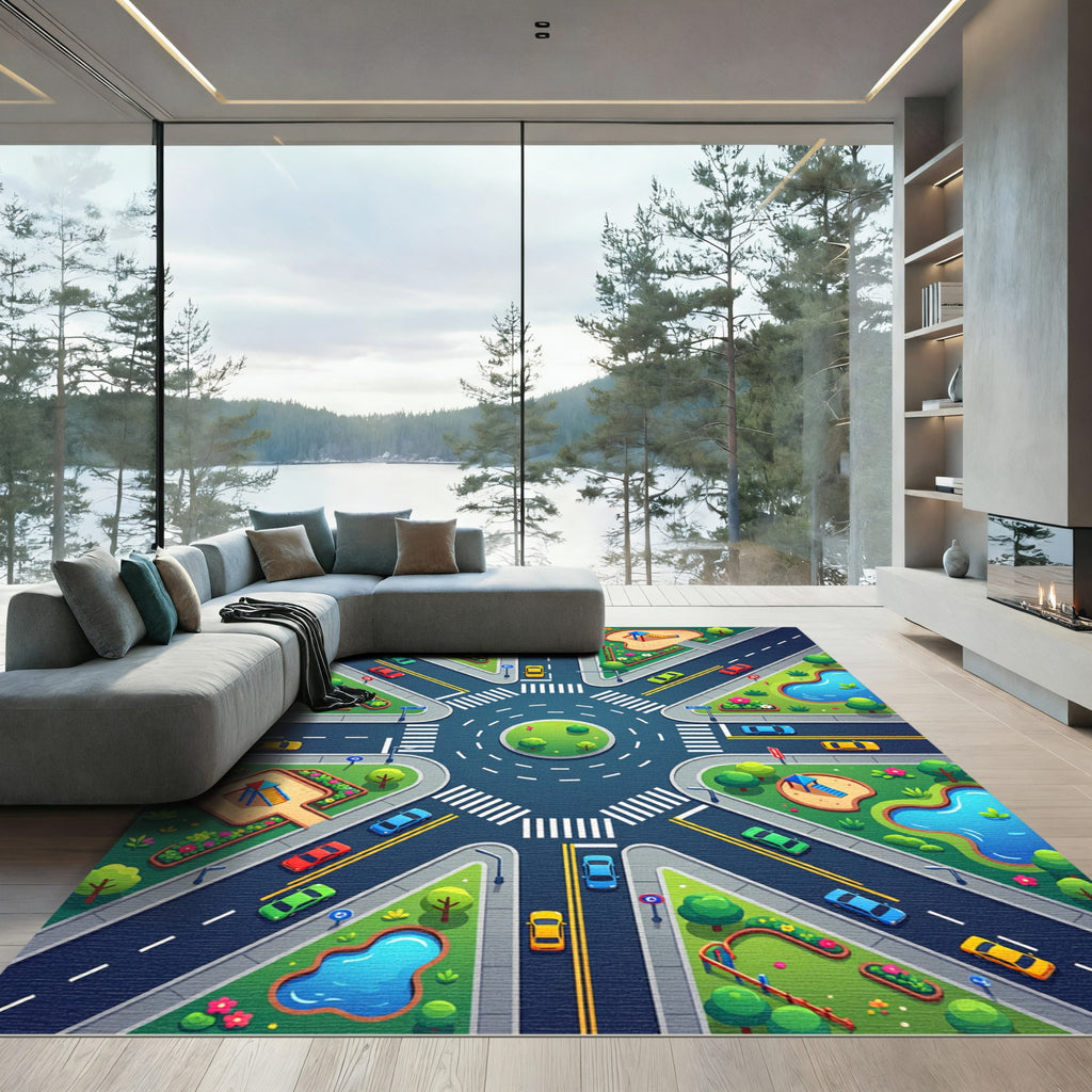 Vibrant Modern City Traffic Intersection Map Rug