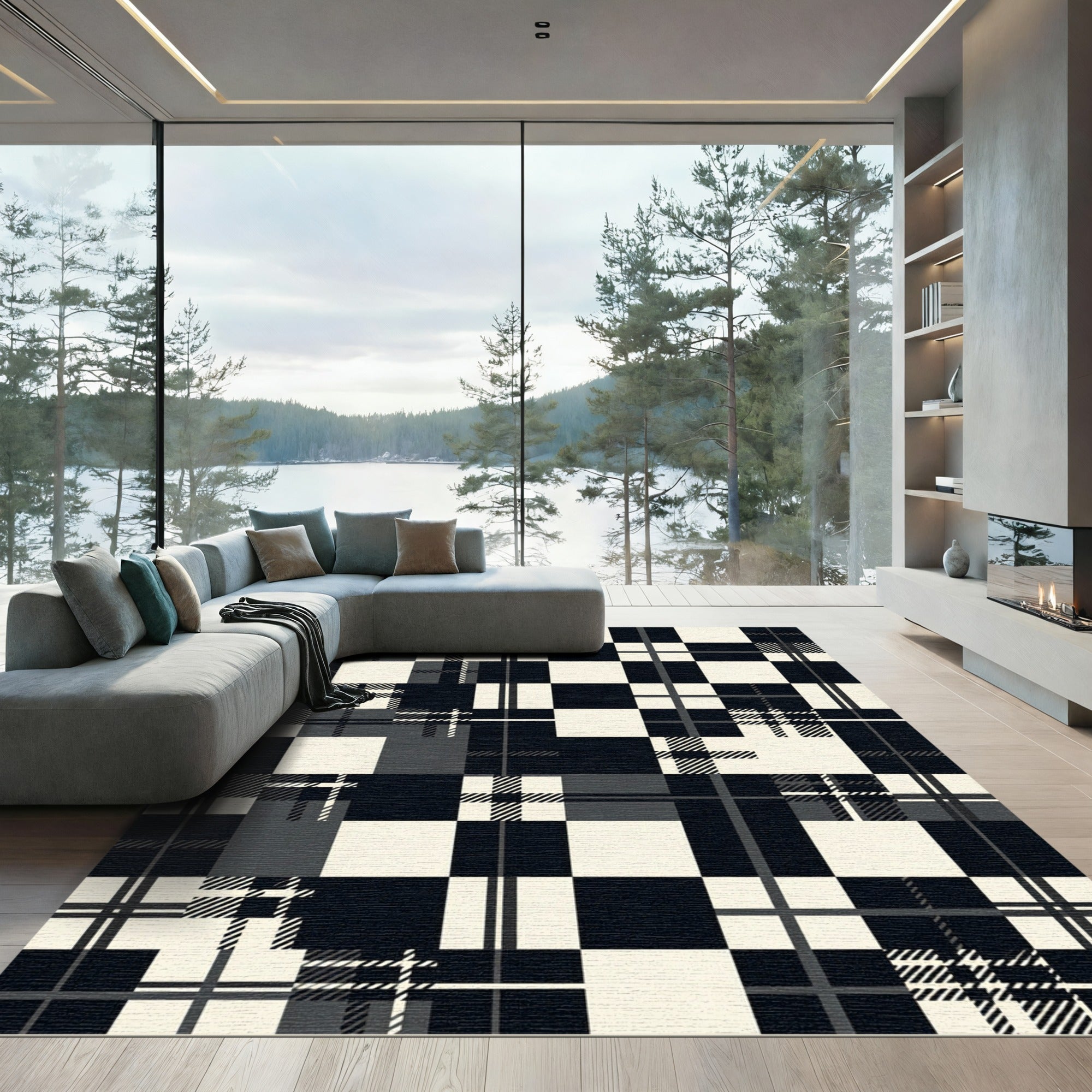 Modern Monochrome Mixed Plaid Checkered Rug