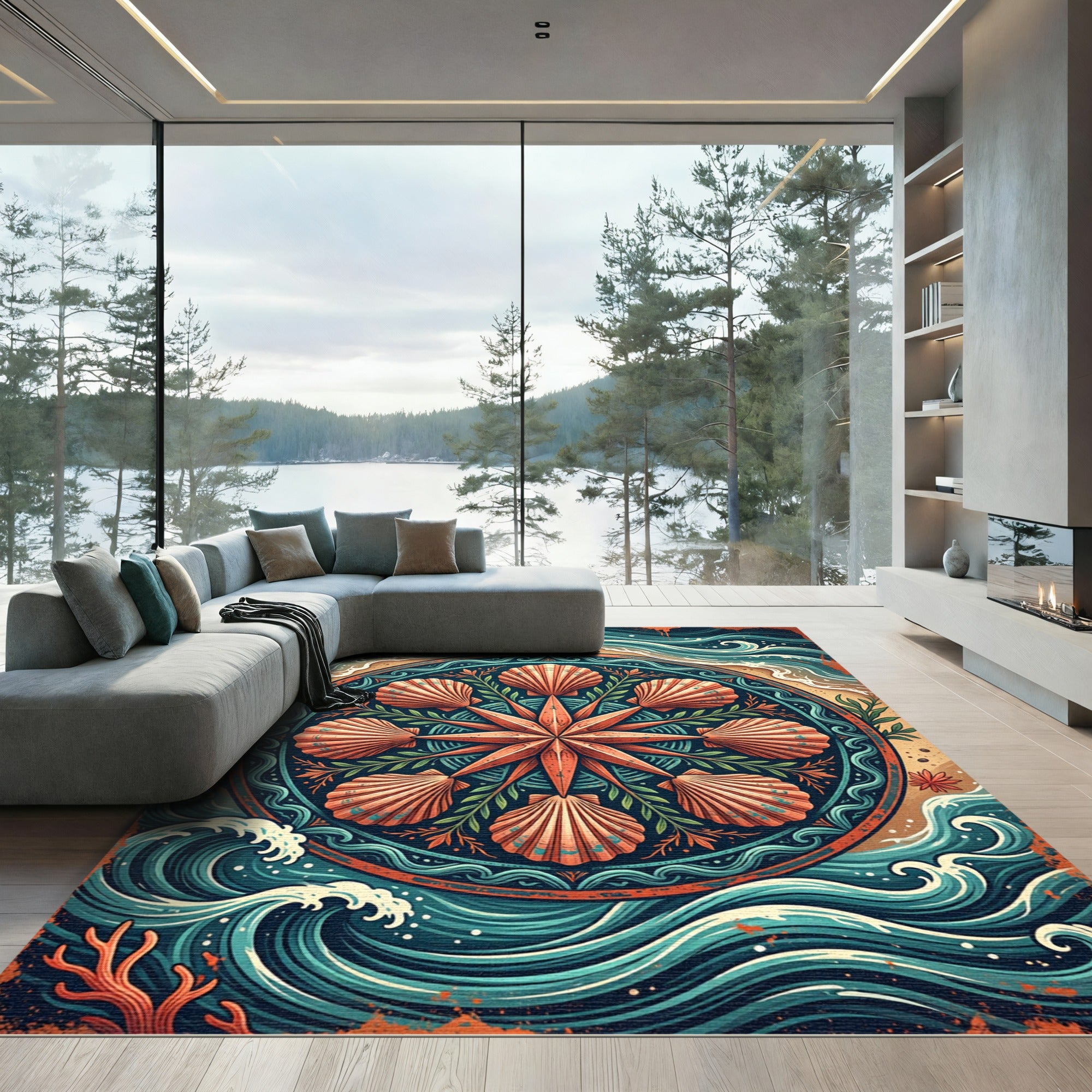 Coastal Shell Starfish Nautical Medallion Rug
