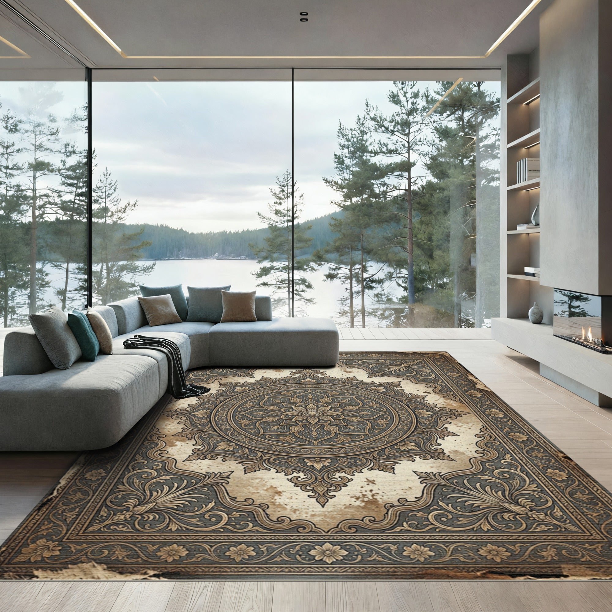 Antique Ornate Floral Medallion Charcoal Gold Rug