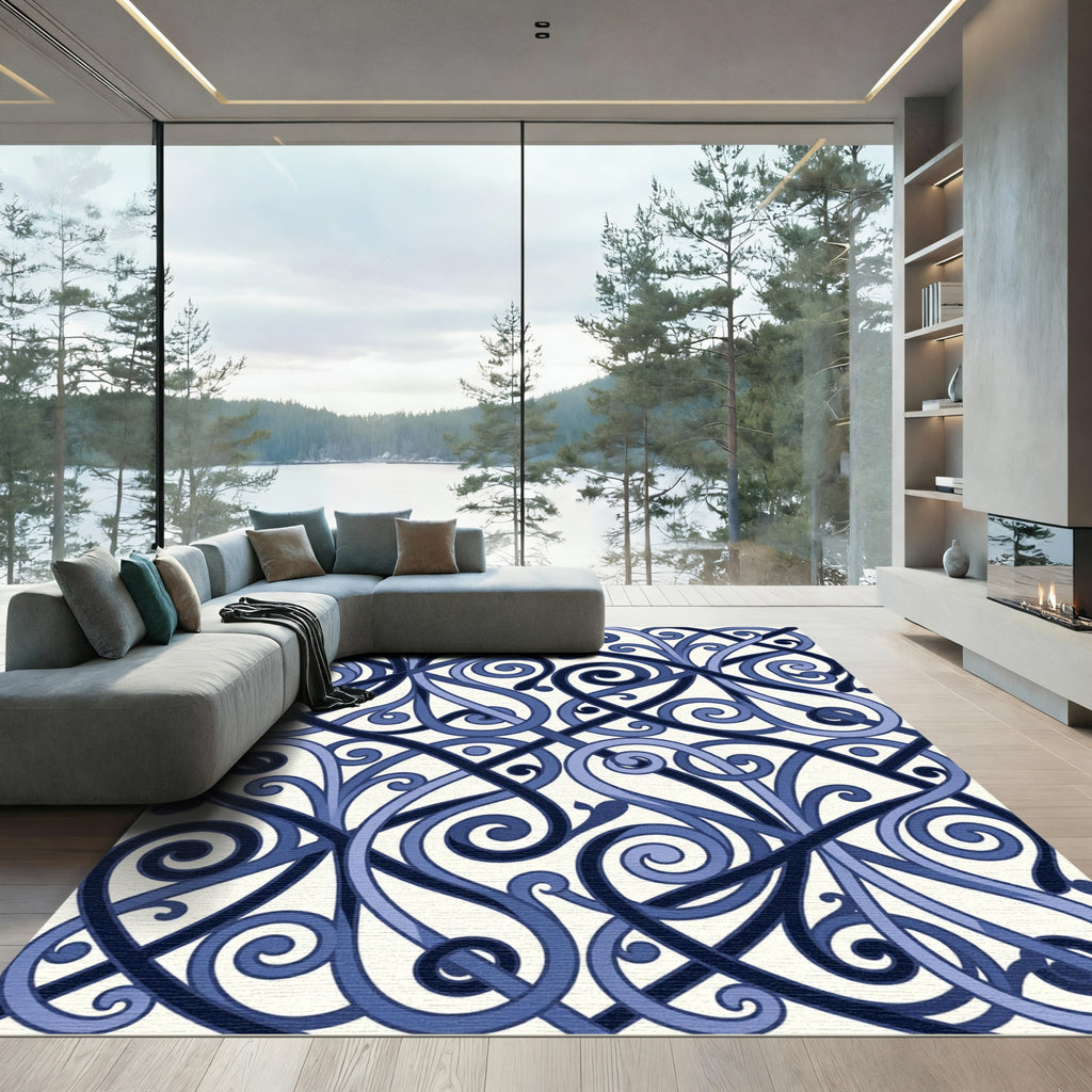 Elegant Navy Blue Interlocking Scroll Rug