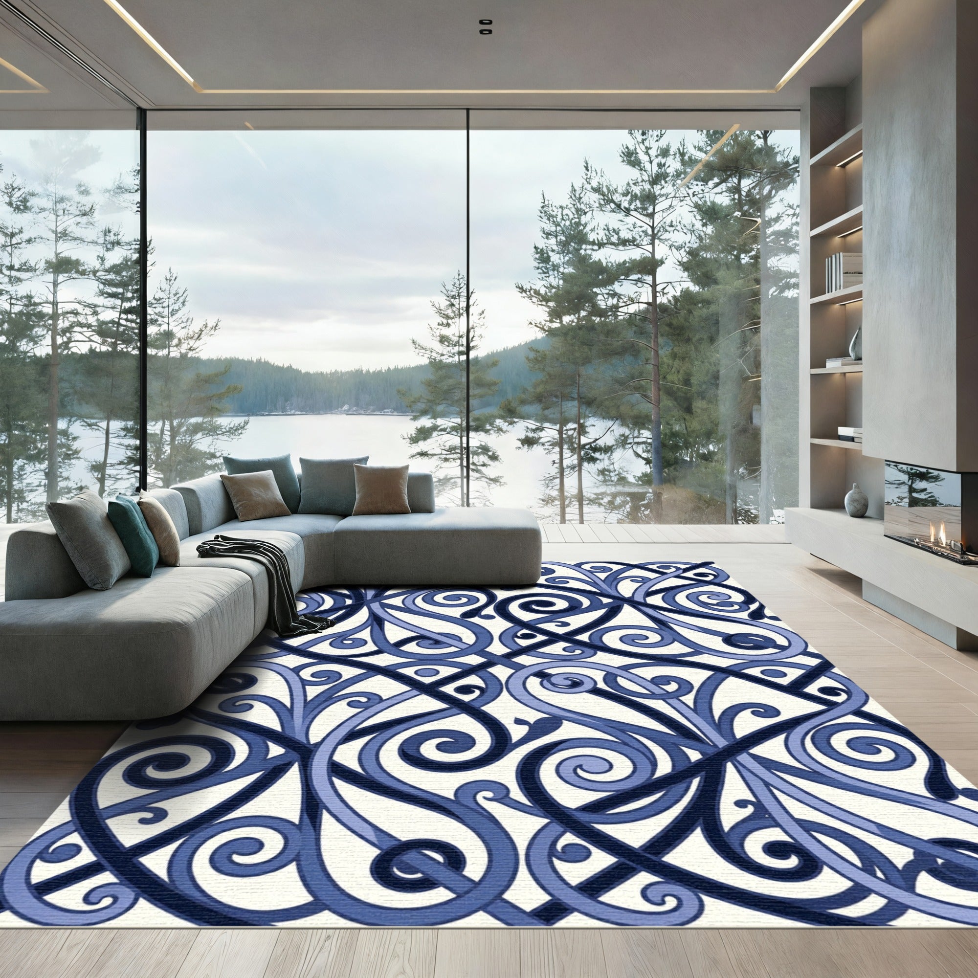 Elegant Navy Blue Interlocking Scroll Rug