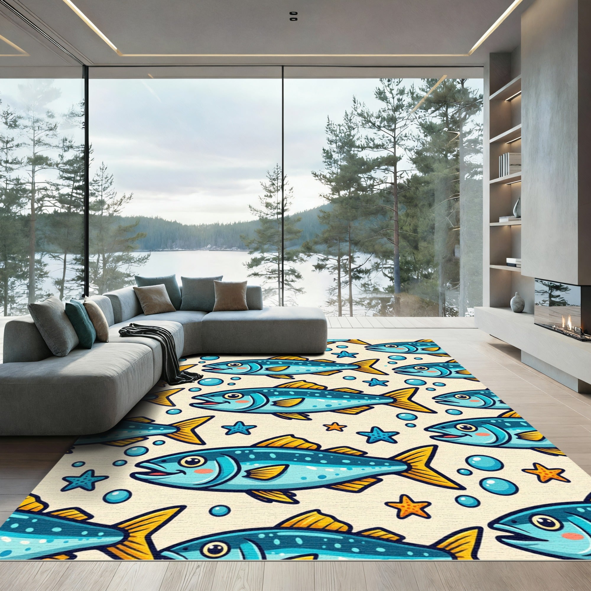 Playful Blue Fish and Starfish Rug