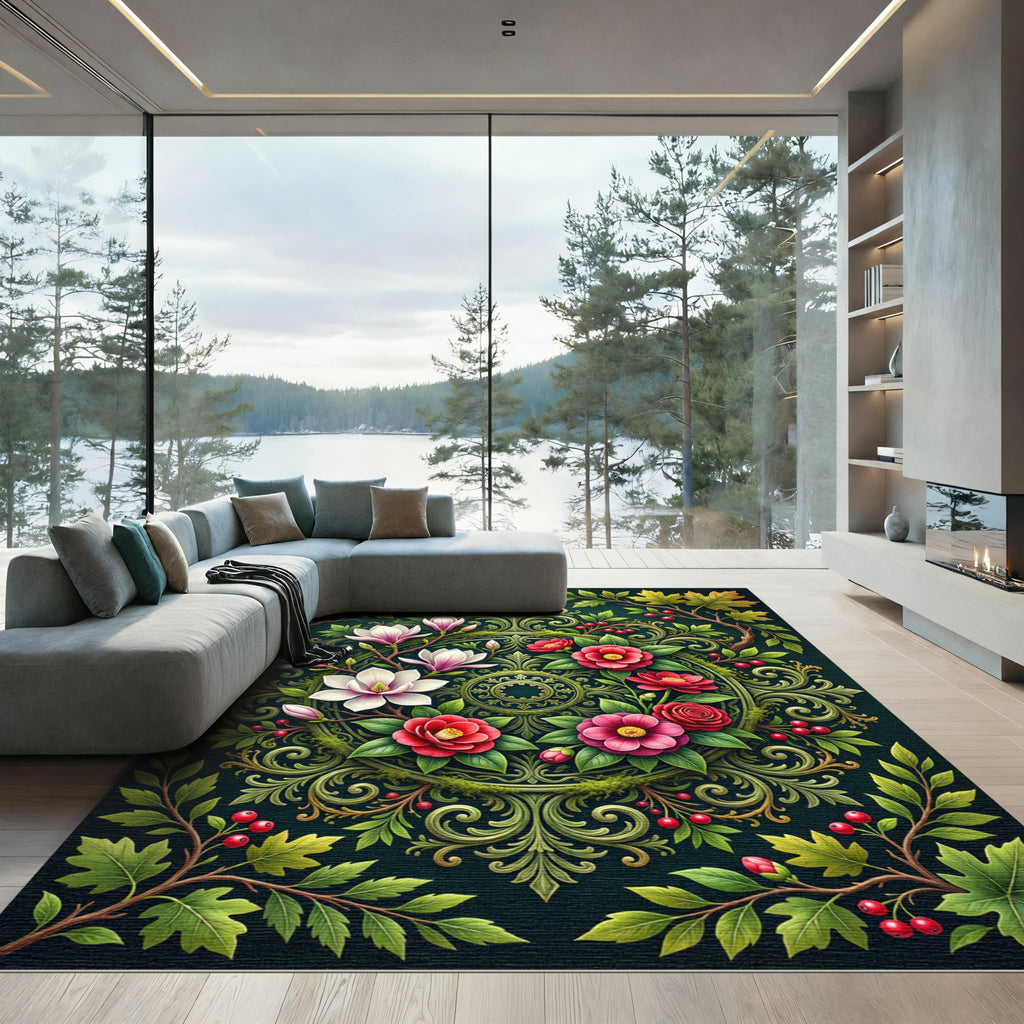 Elegant Floral Medallion Green Botanical Rug