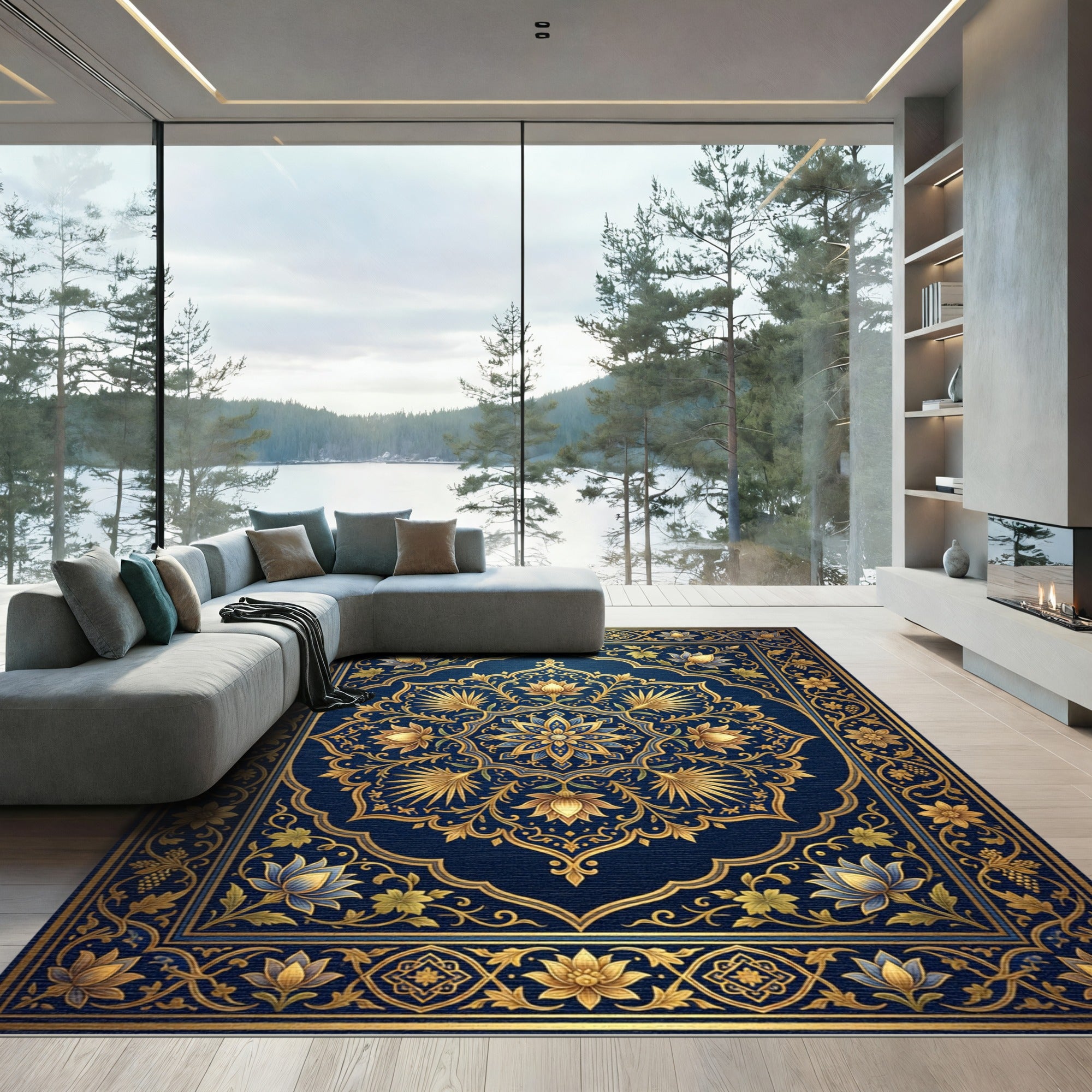 Royal Blue Gold Lotus Medallion Rug