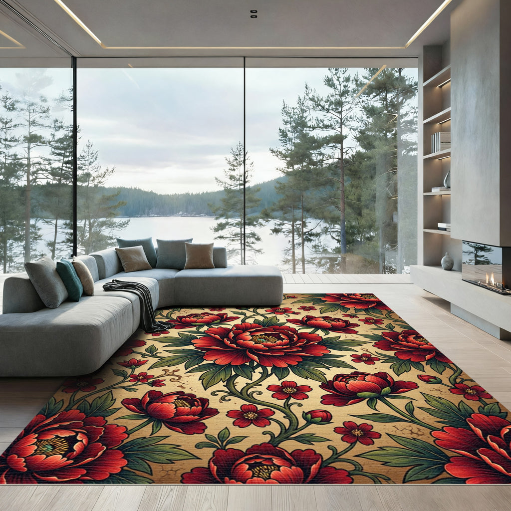 Crimson Floral Vine With Gold Background Rug
