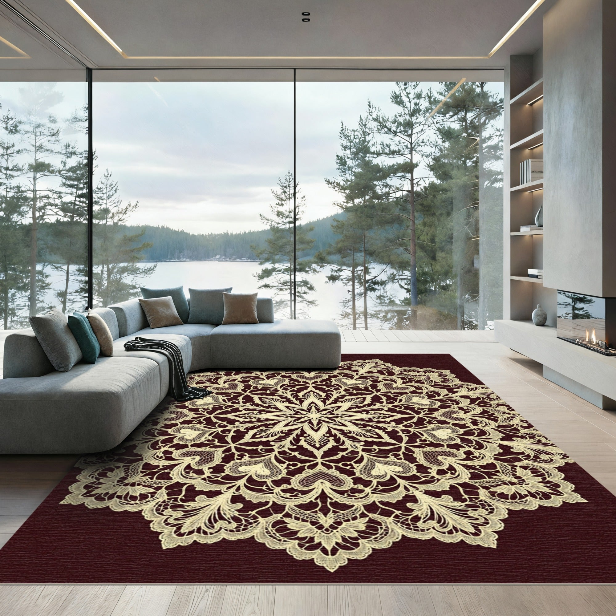 Cream Lace Floral Heart Medallion Rug