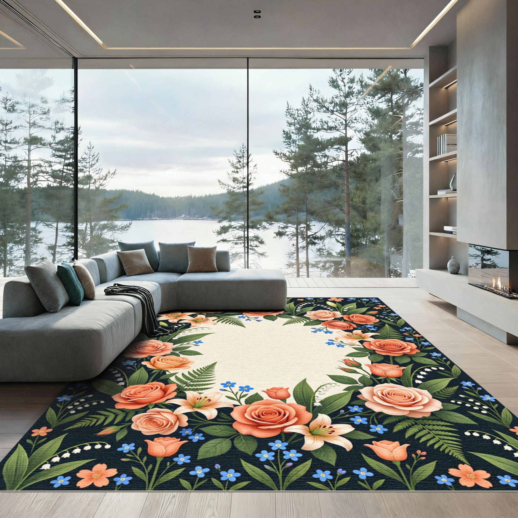 Coral Peach Floral Lily Garden Rug