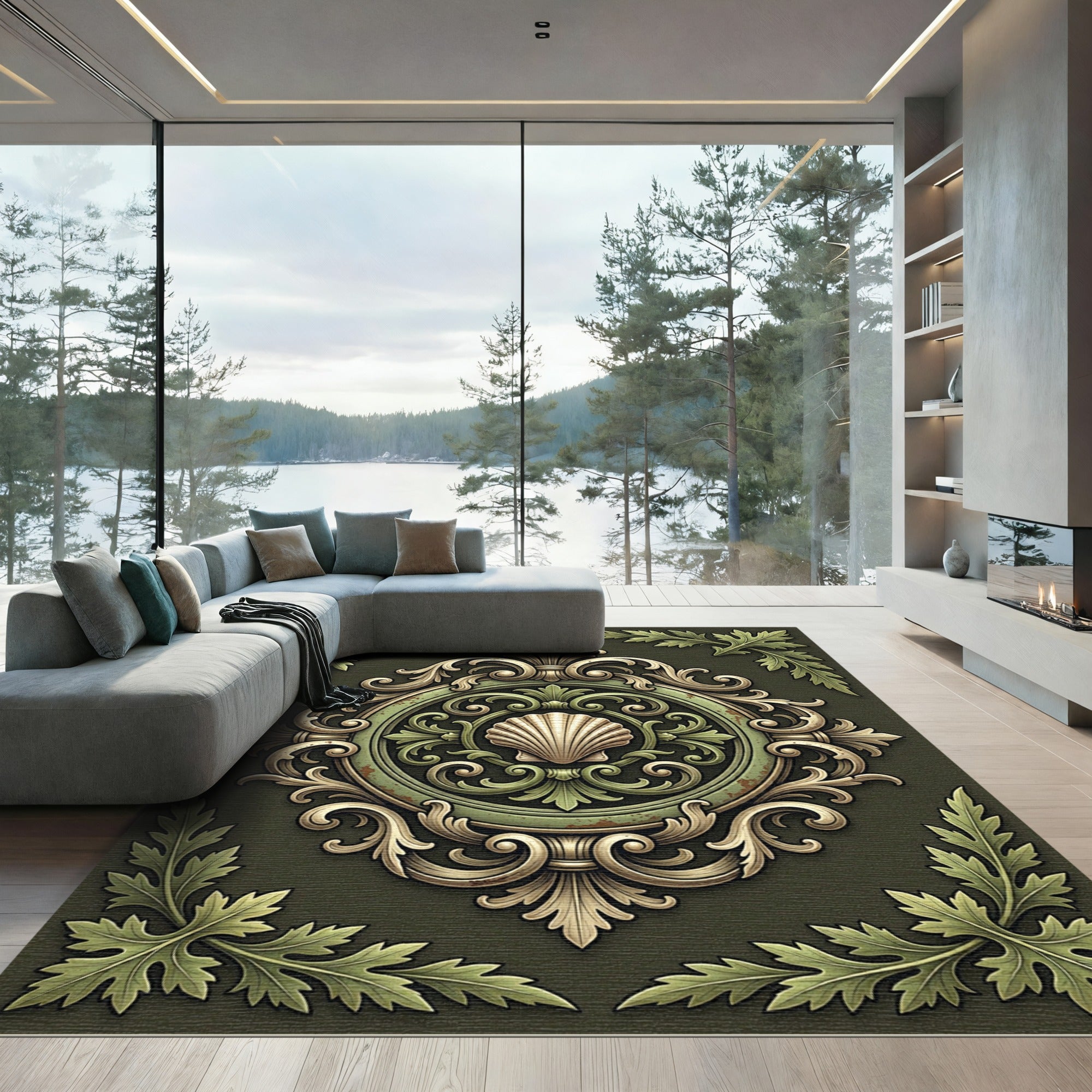 Sage Green Scalloped Baroque Filigree Rug