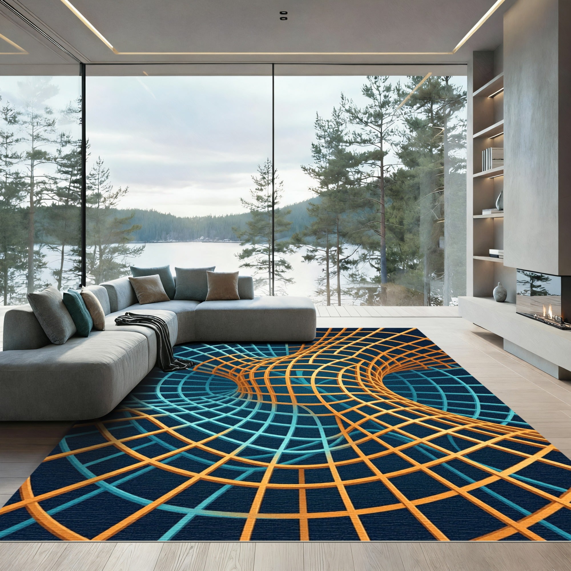 Abstract Golden Cyan Geometric Warp Rug