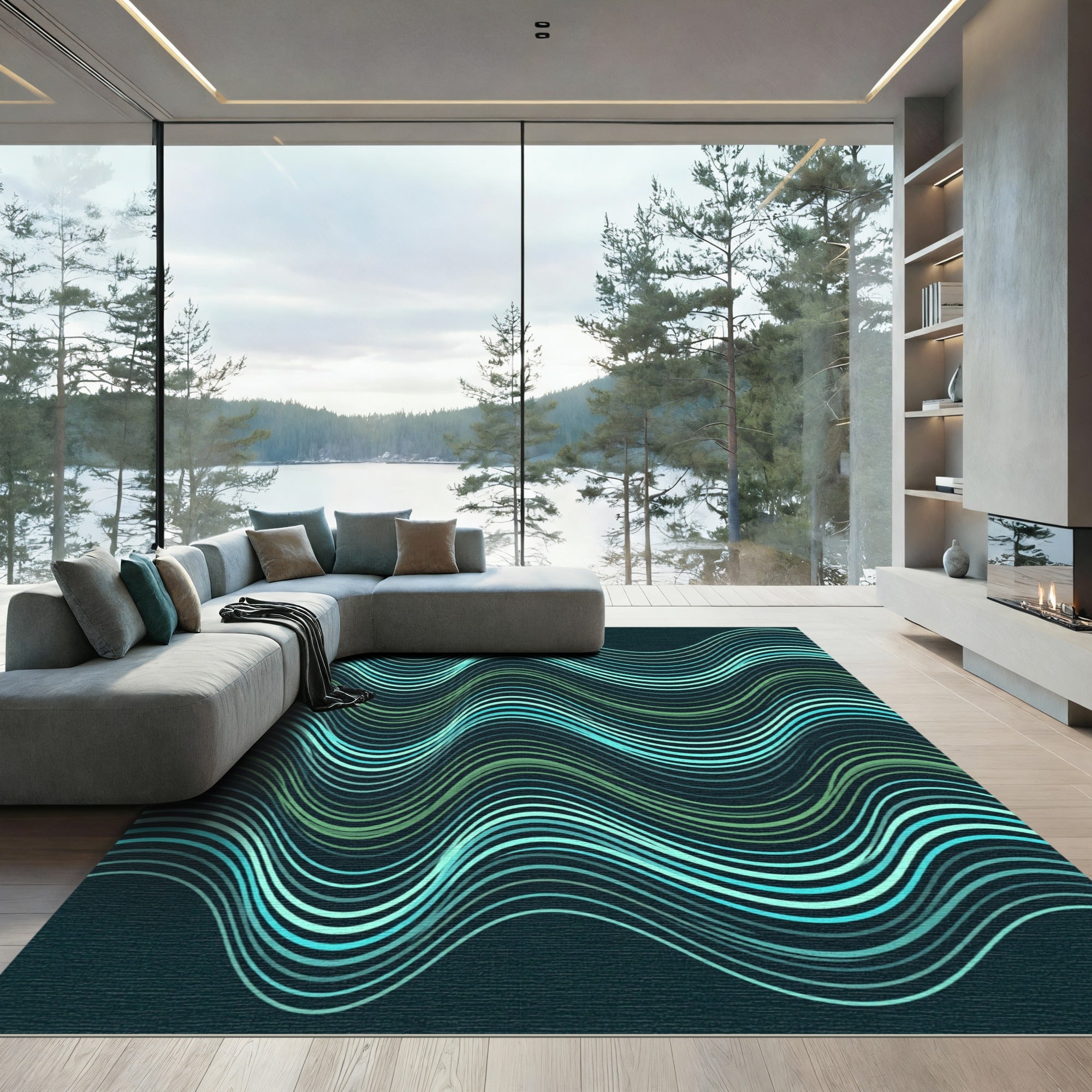 Aqua Green Wavy Line Composition Rug