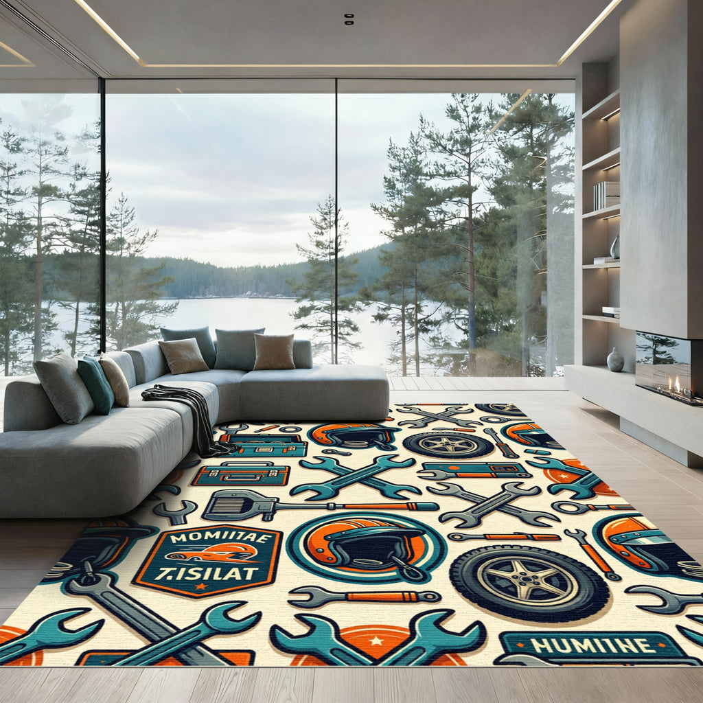 Industrial Automotive Helmet Mechanic Tool Collage Rug