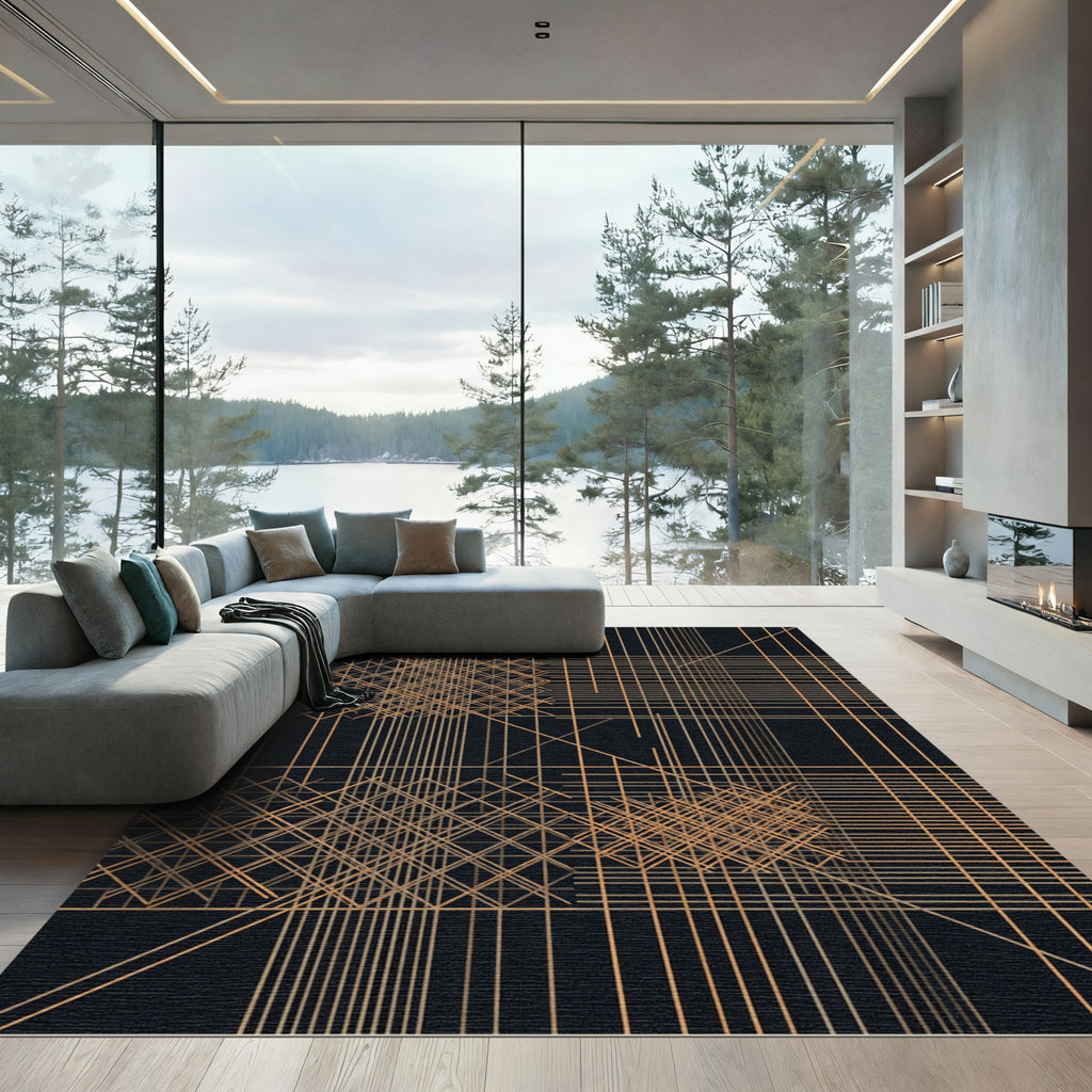Geometric Gold Line Grid Abstract Rug