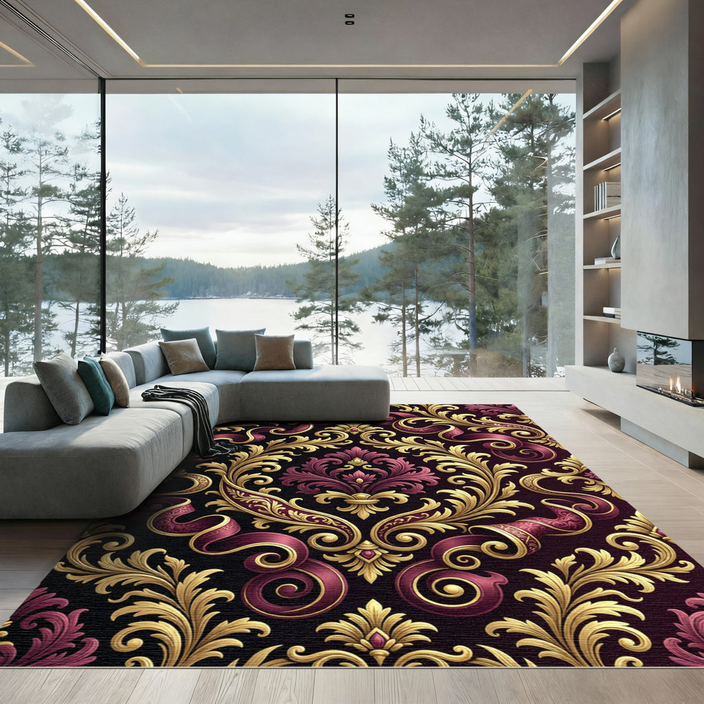 Royal Burgundy Gold Damask Scroll Rug