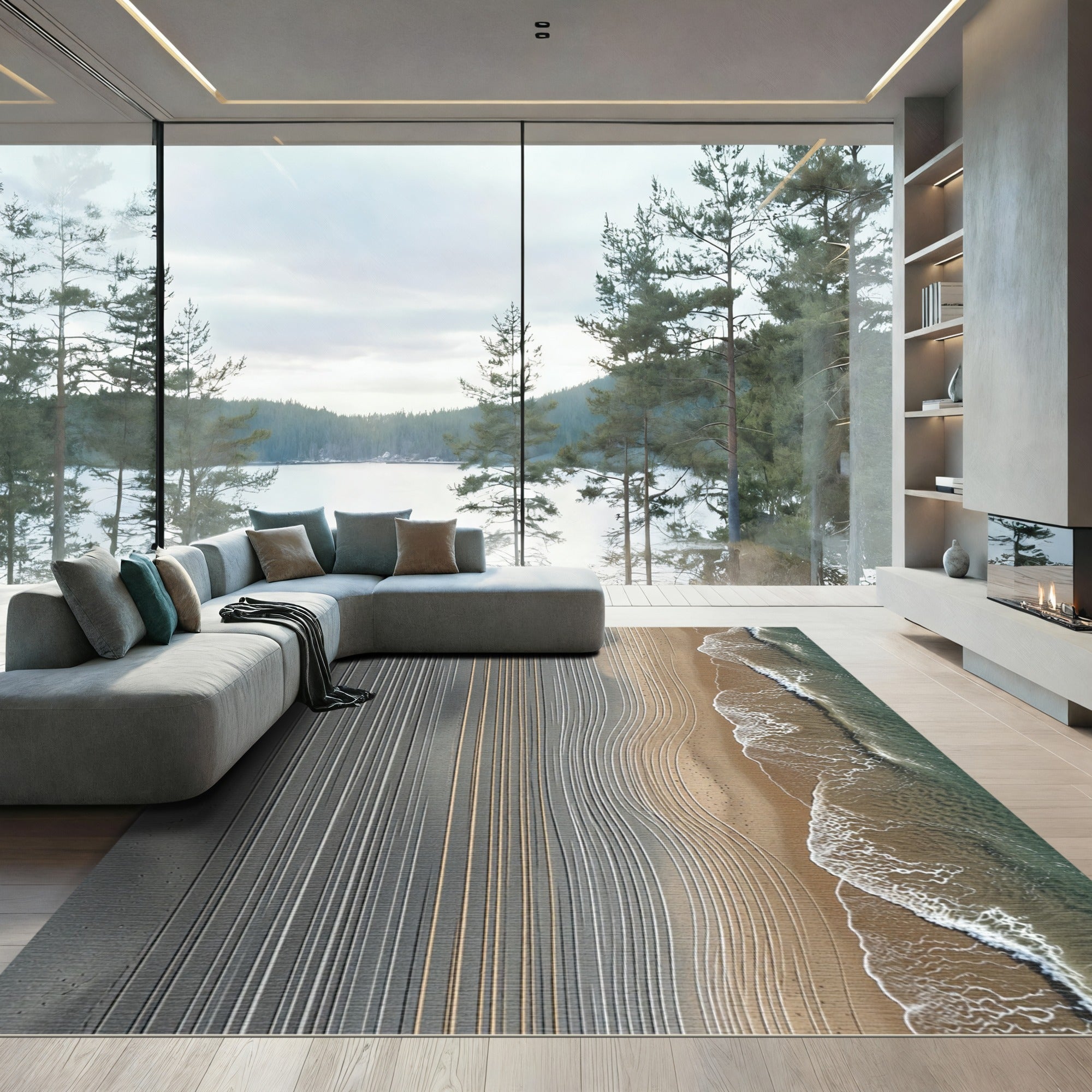 Minimalist Sandy Shoreline Linear Ripple Rug