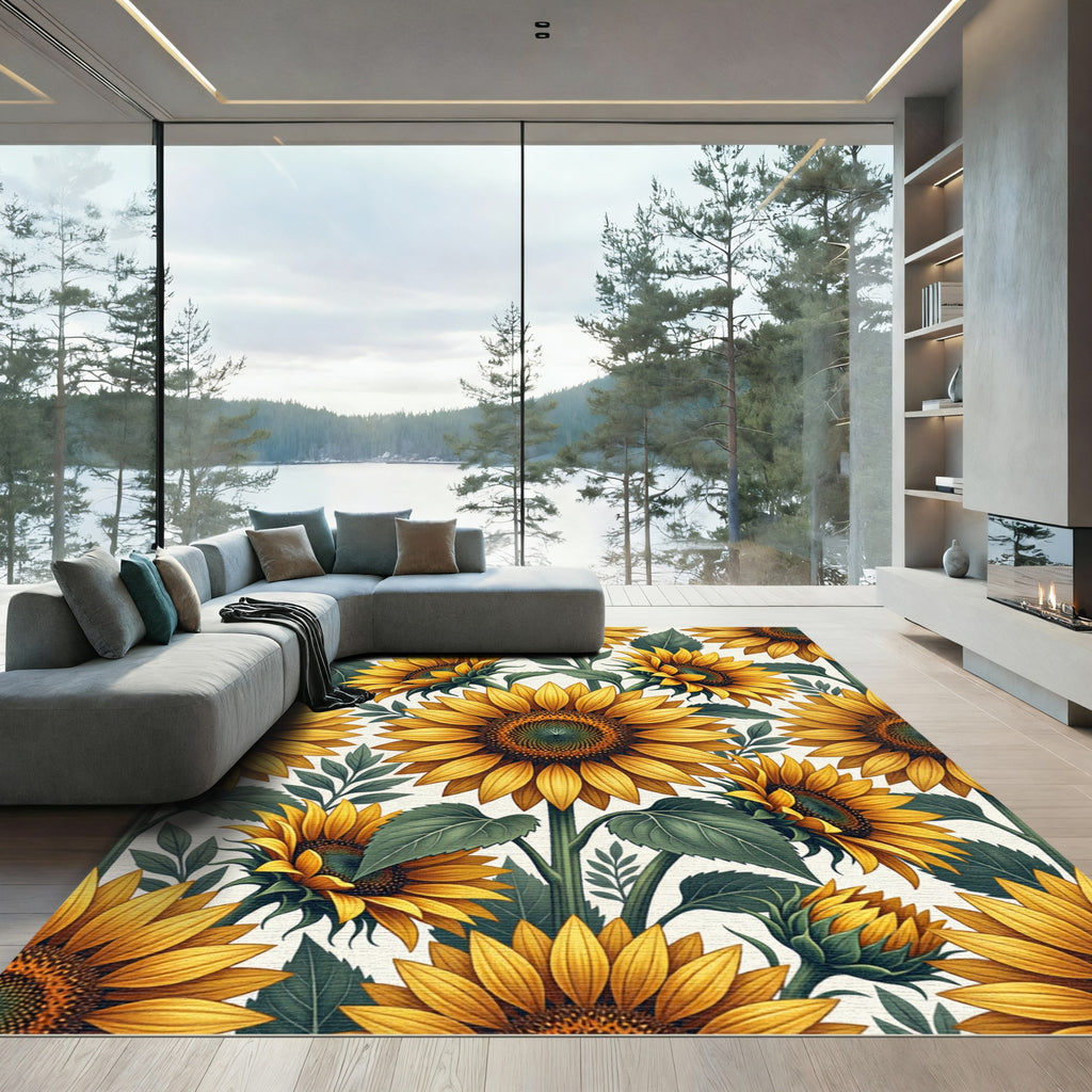 Radiant Yellow Sunflower Botanical Arrangement Rug