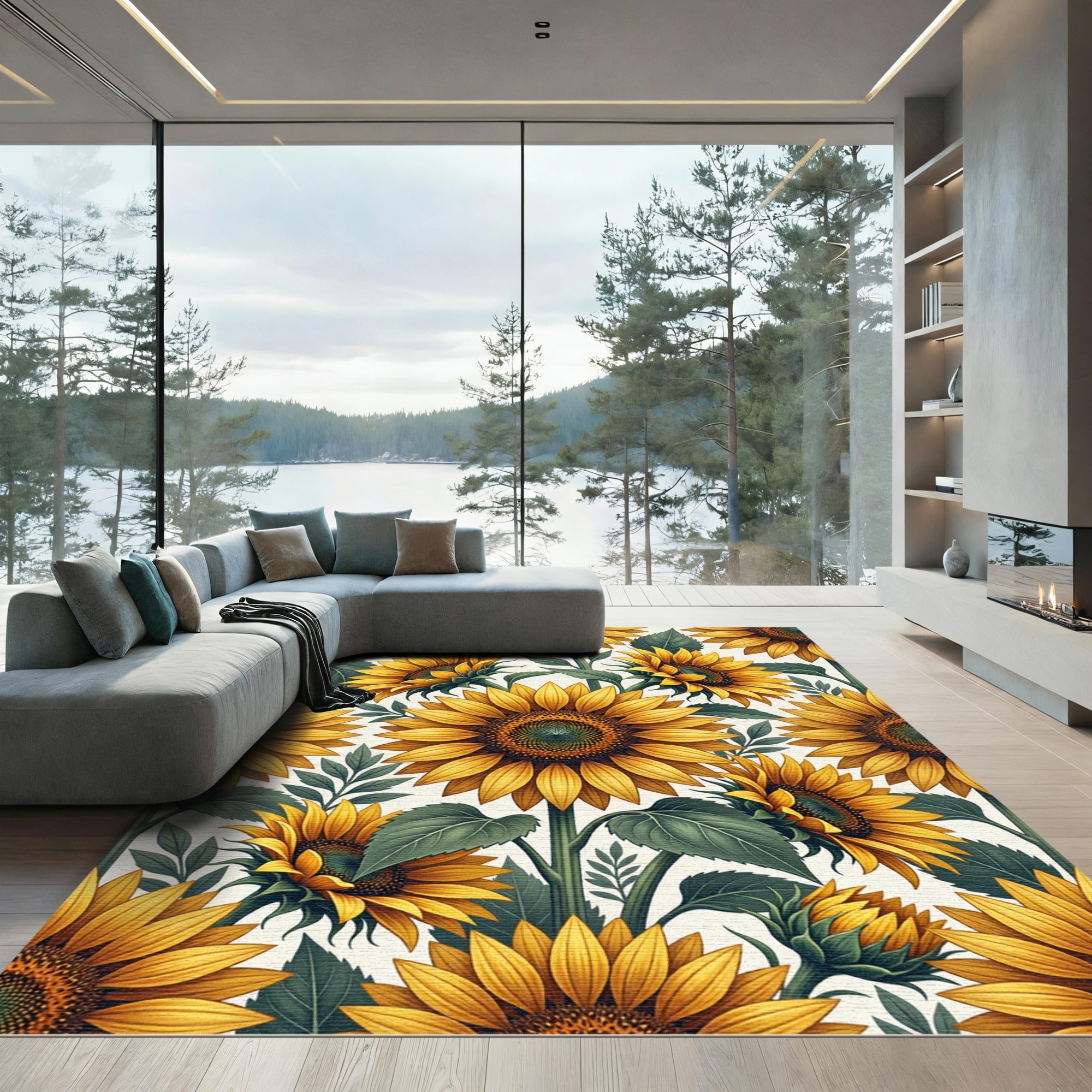 Radiant Yellow Sunflower Botanical Arrangement Rug