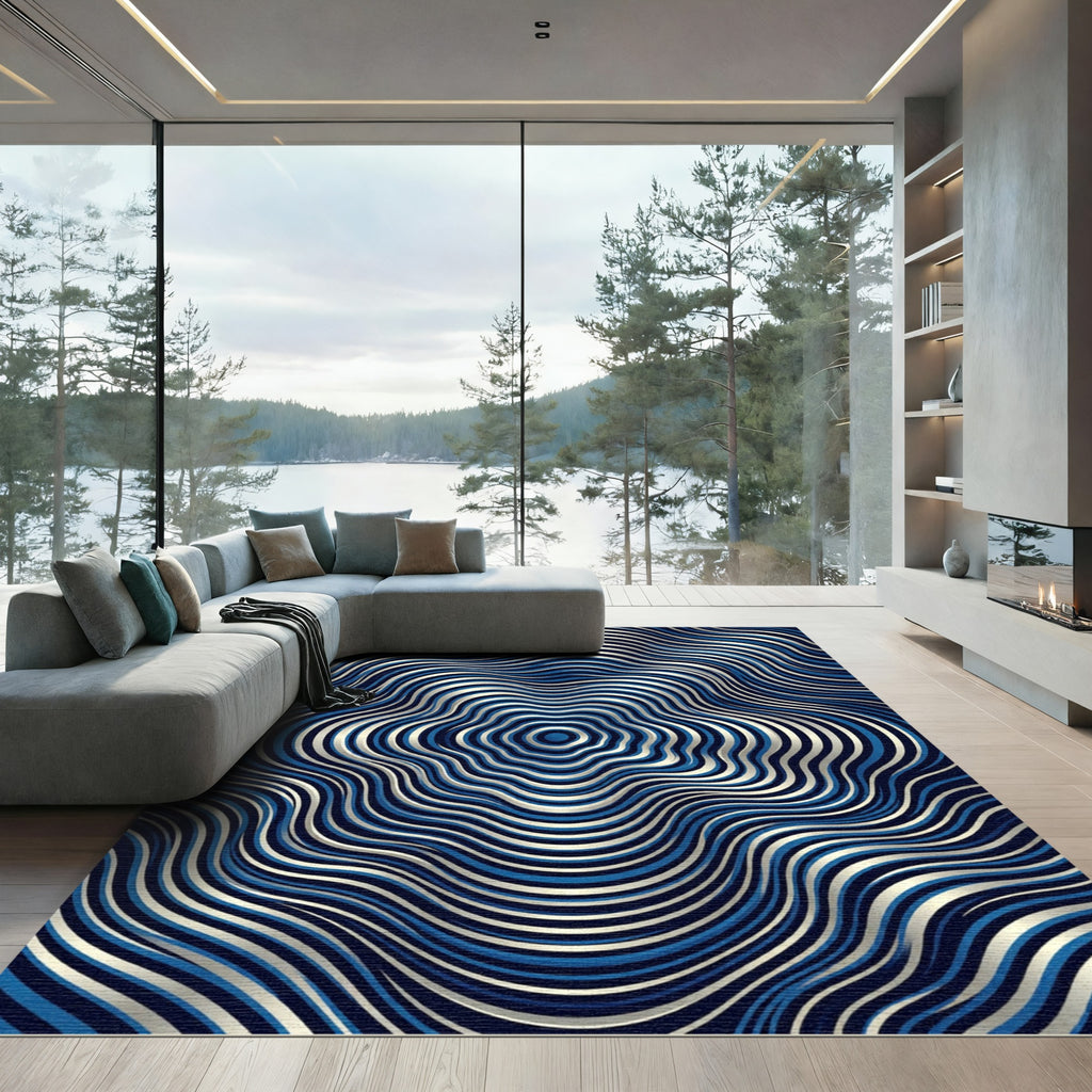 Modern Blue Metallic Concentric Wave Rug