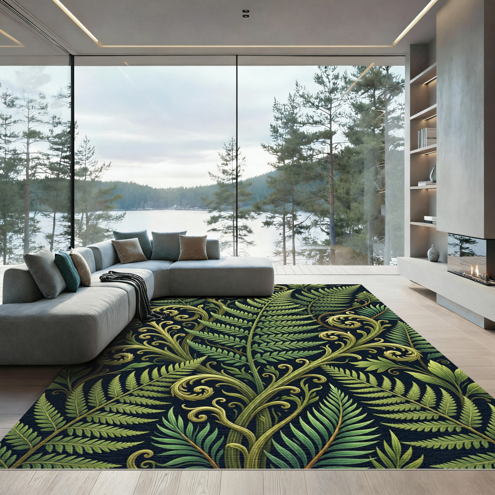 Vibrant Green Fern Scrollwork Arrangement Rug