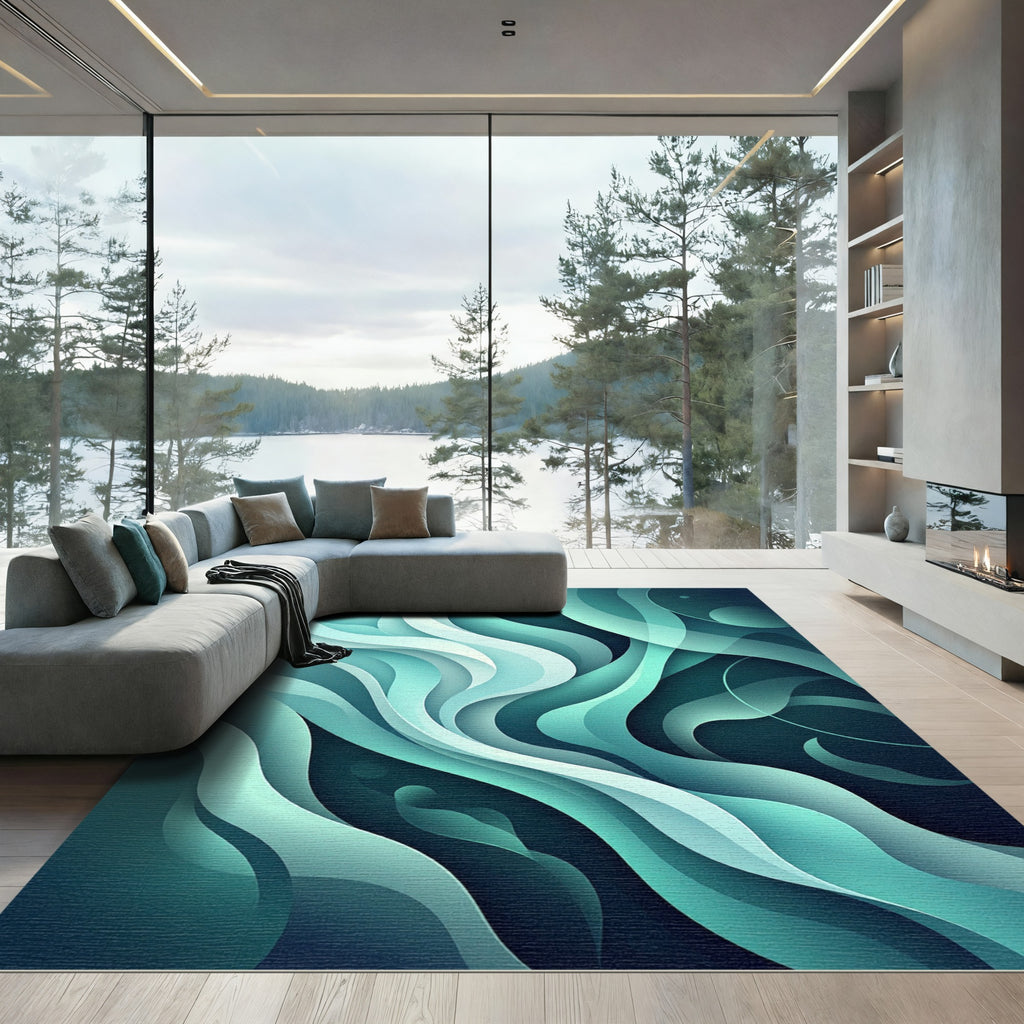 Abstract Teal Liquid Wave Flow Rug