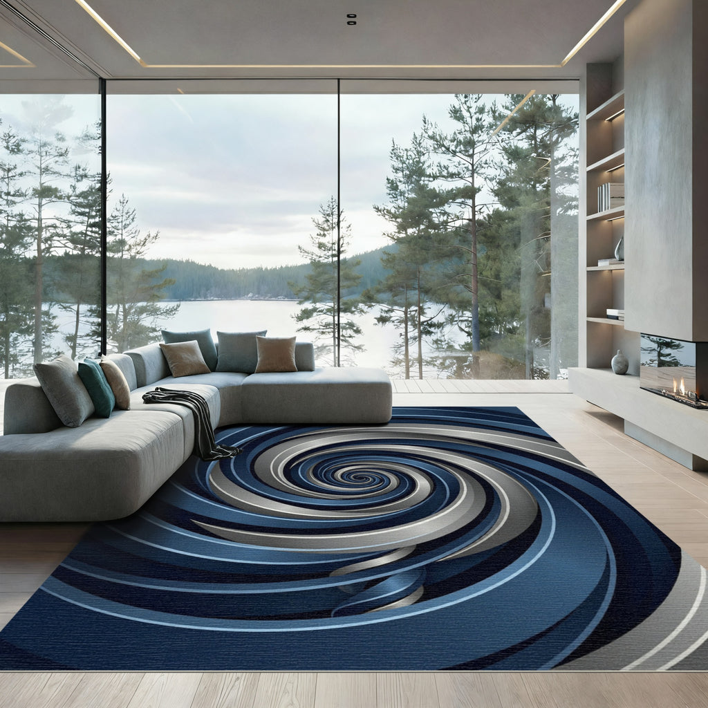 Modern Metallic Navy Silver Swirl Rug