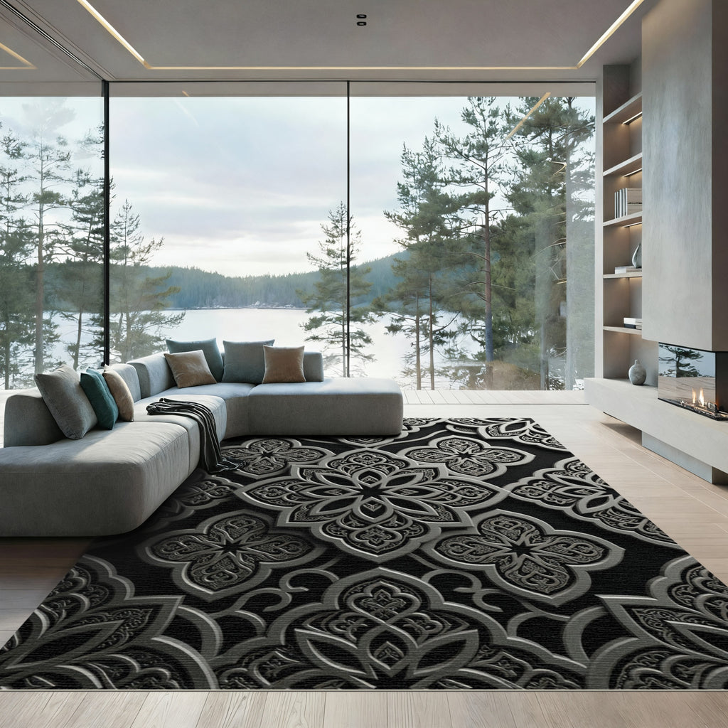 Intricate Silver Arabesque Floral Pattern Rug