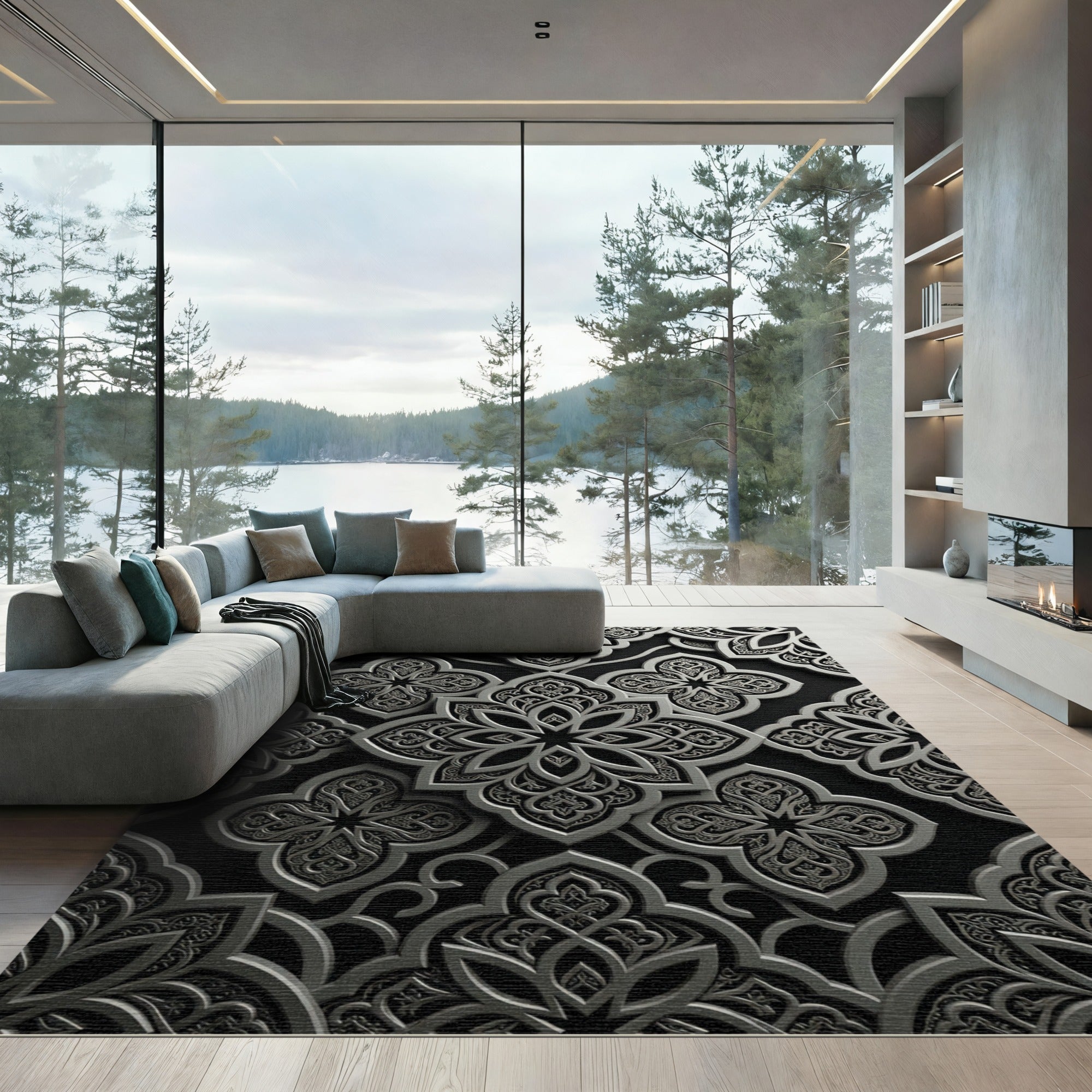 Intricate Silver Arabesque Floral Pattern Rug