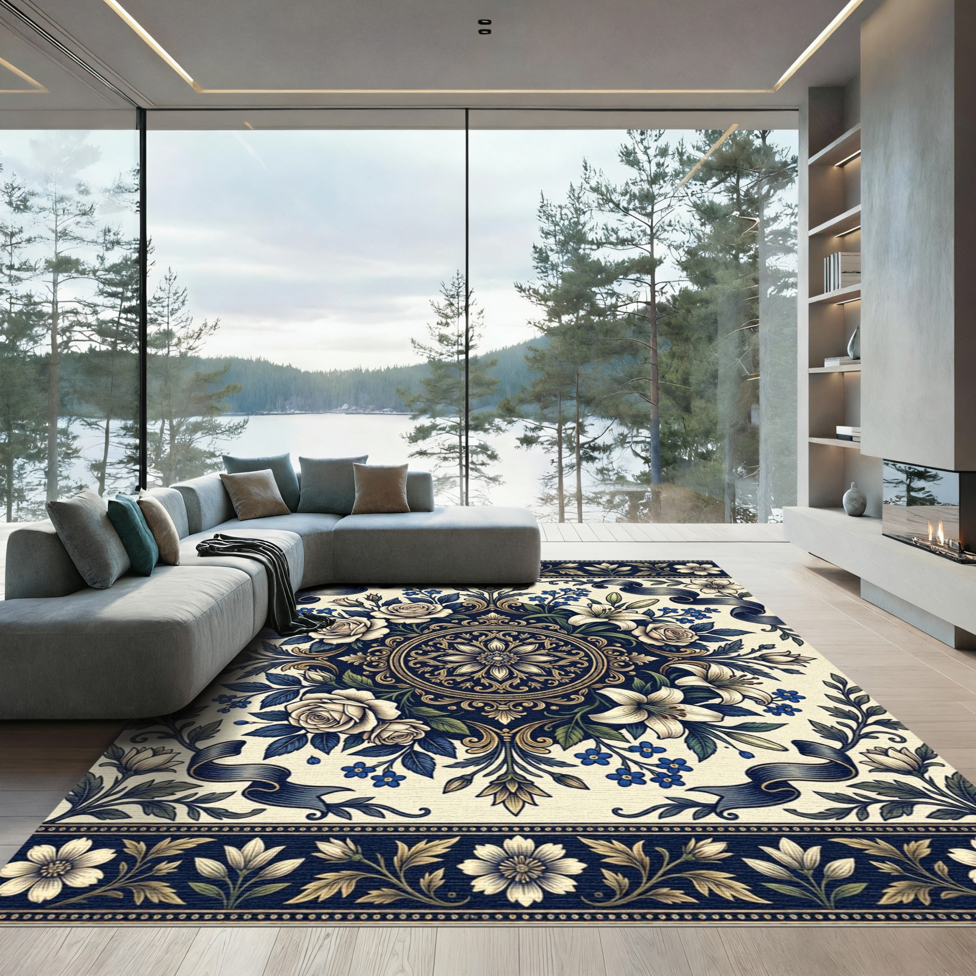 Elegant Navy Floral Cream Medallion Rug
