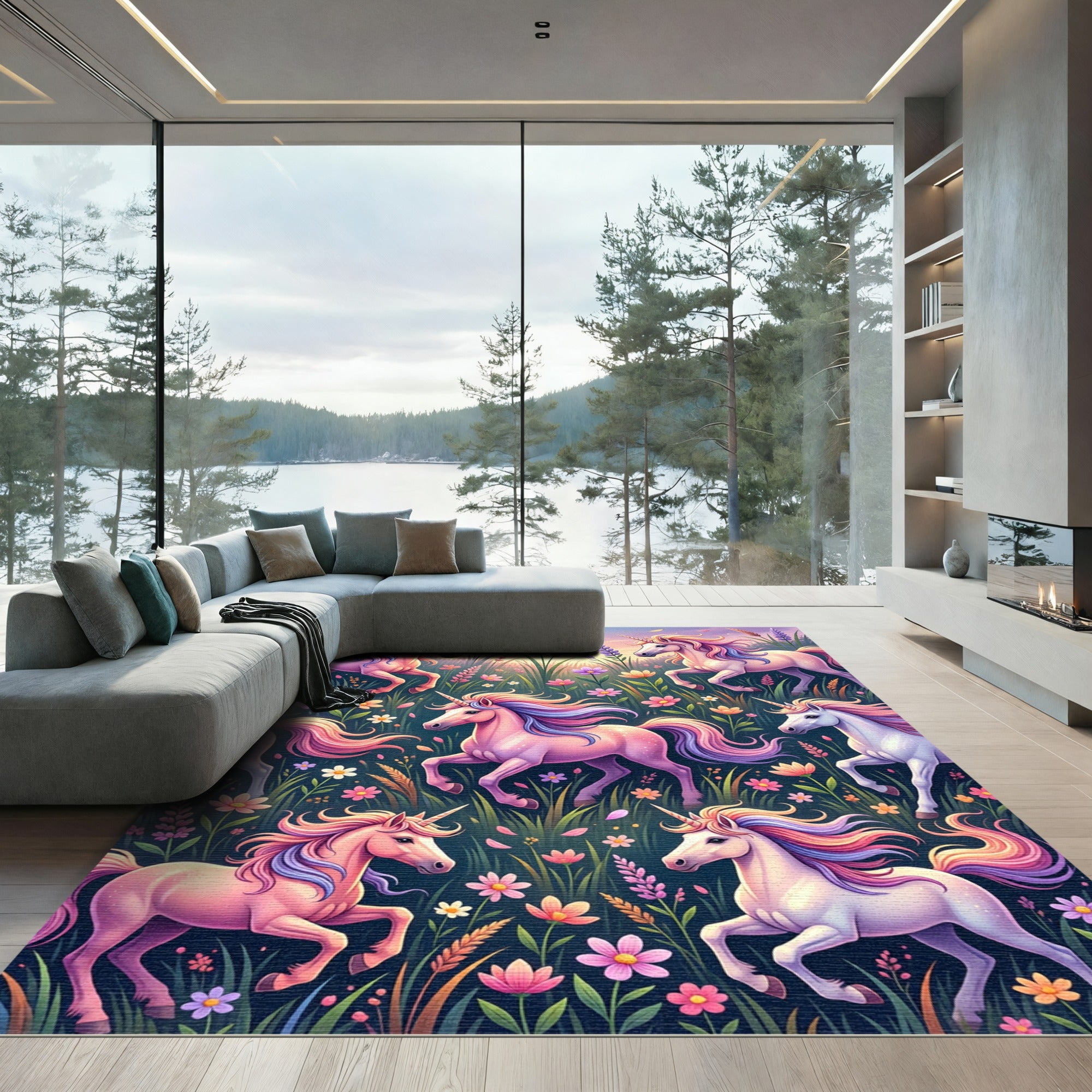 Whimsical Pastel Unicorn Floral Meadow Rug