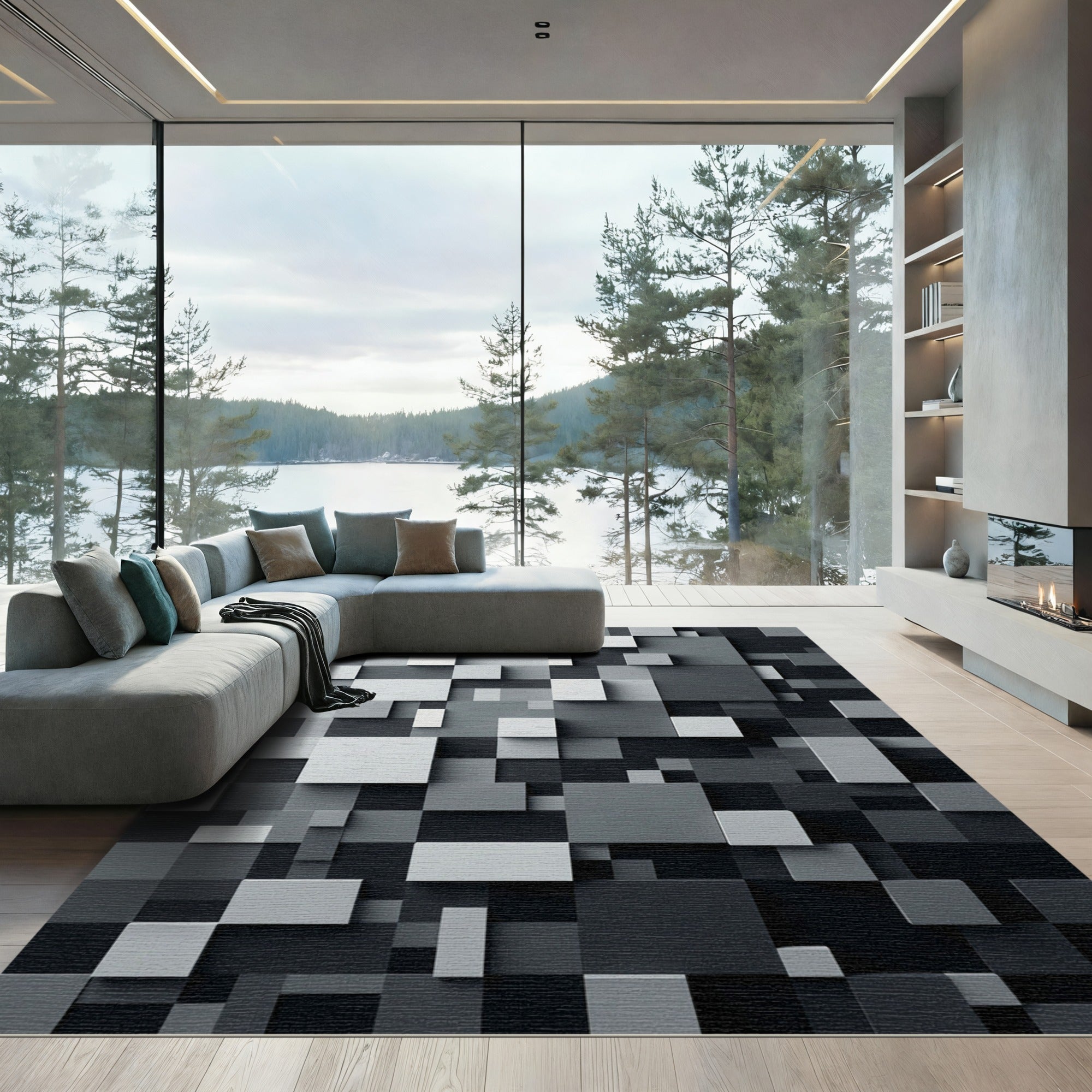 Modern Monochrome Dimensional Block Grid Rug