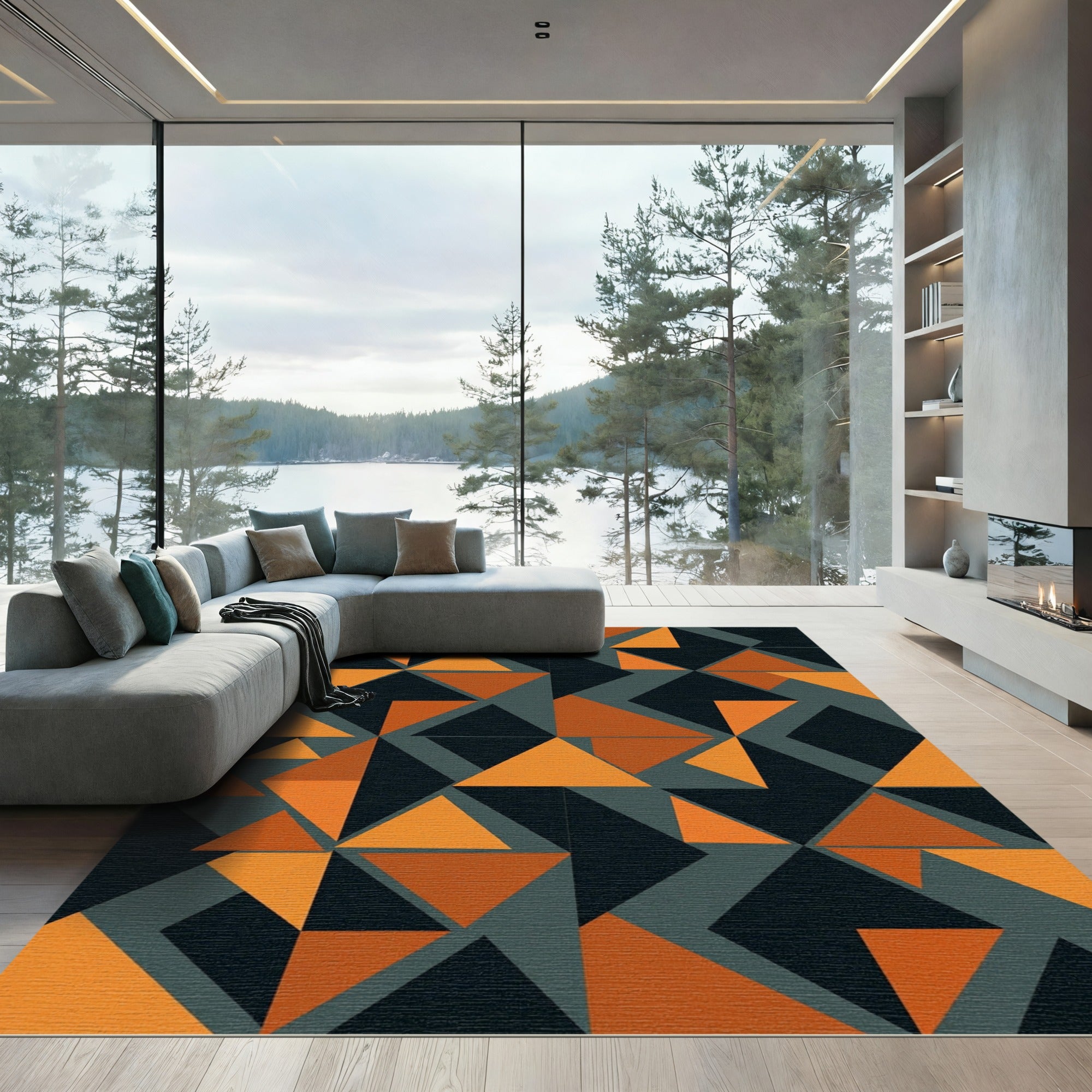 Modern Burnt Orange Slate Geometric Triangle Rug
