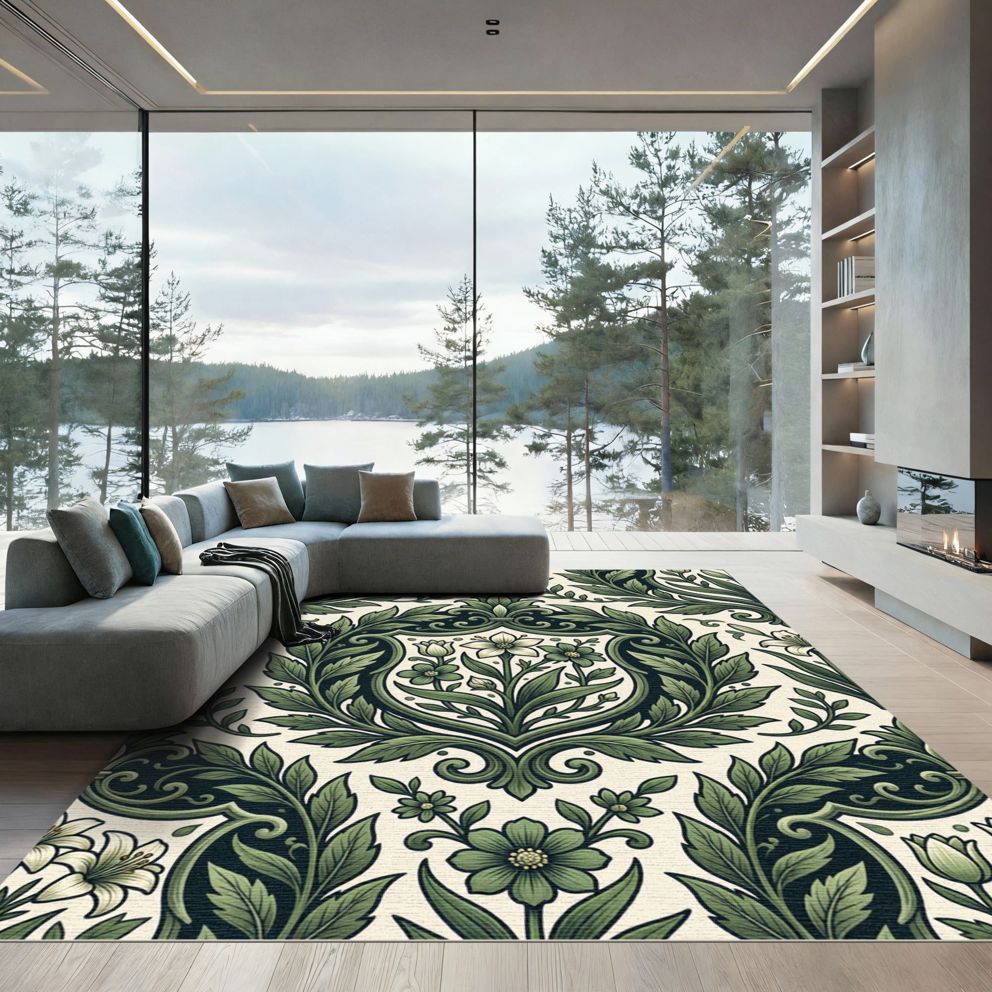 Sage Green Botanical Lily Damask Rug