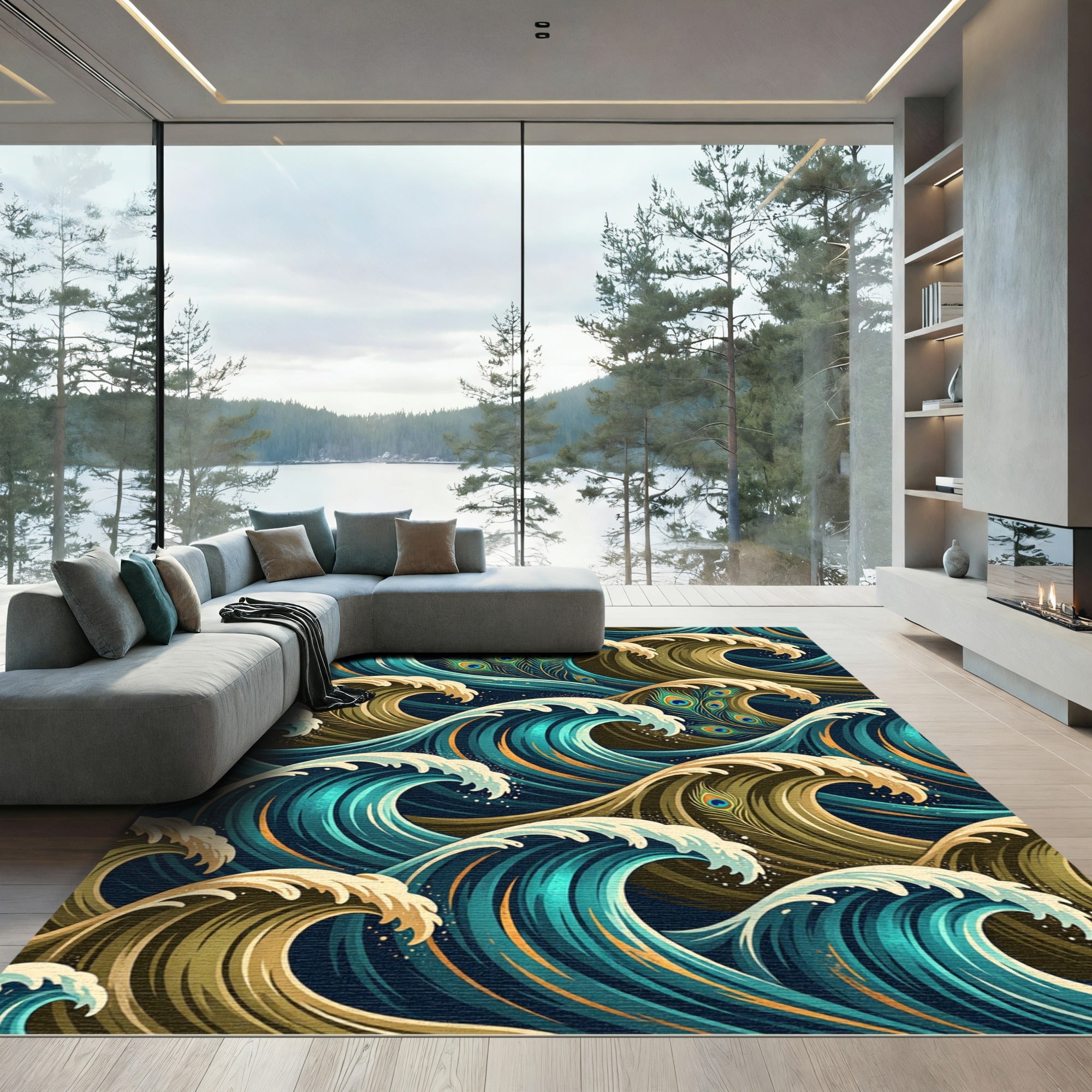 Golden Teal Peacock Wave Composition Rug