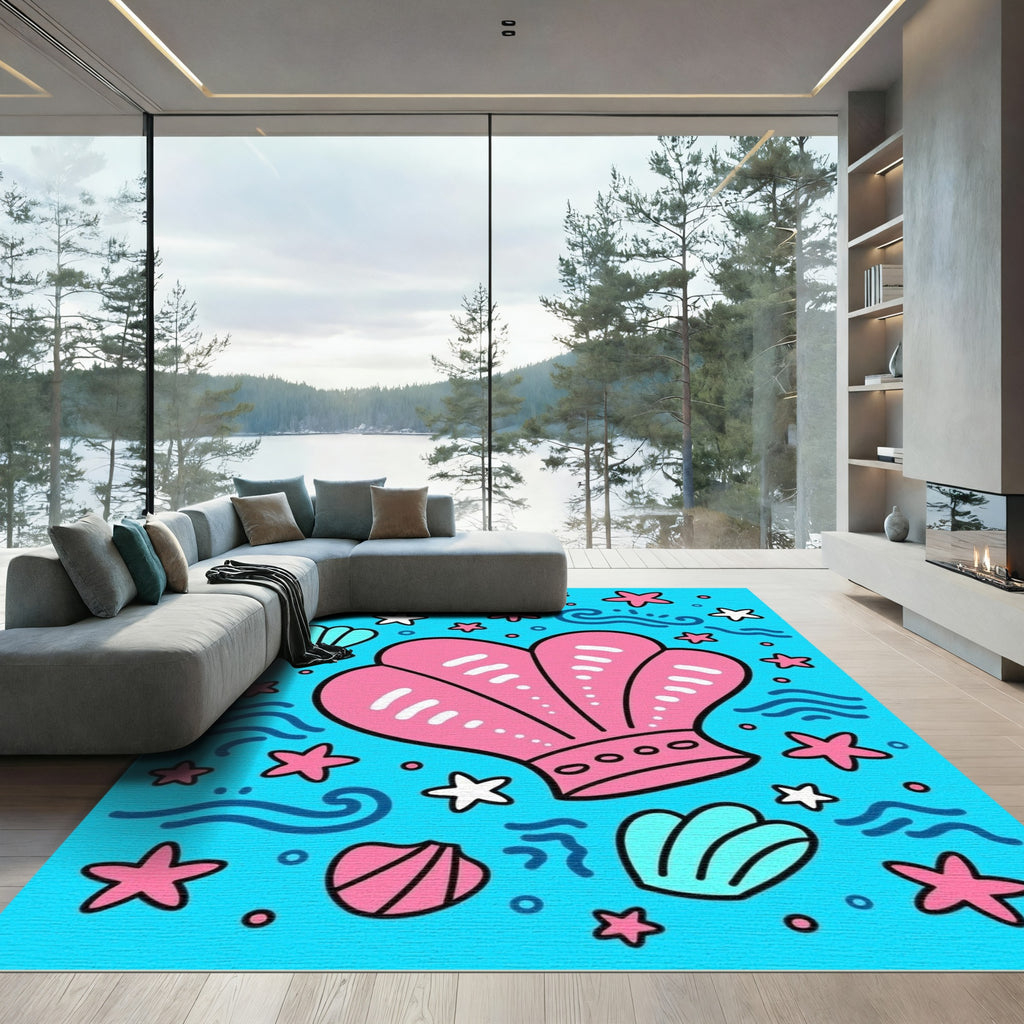 Pink Seashells Blue Water Starfish Accent Rug