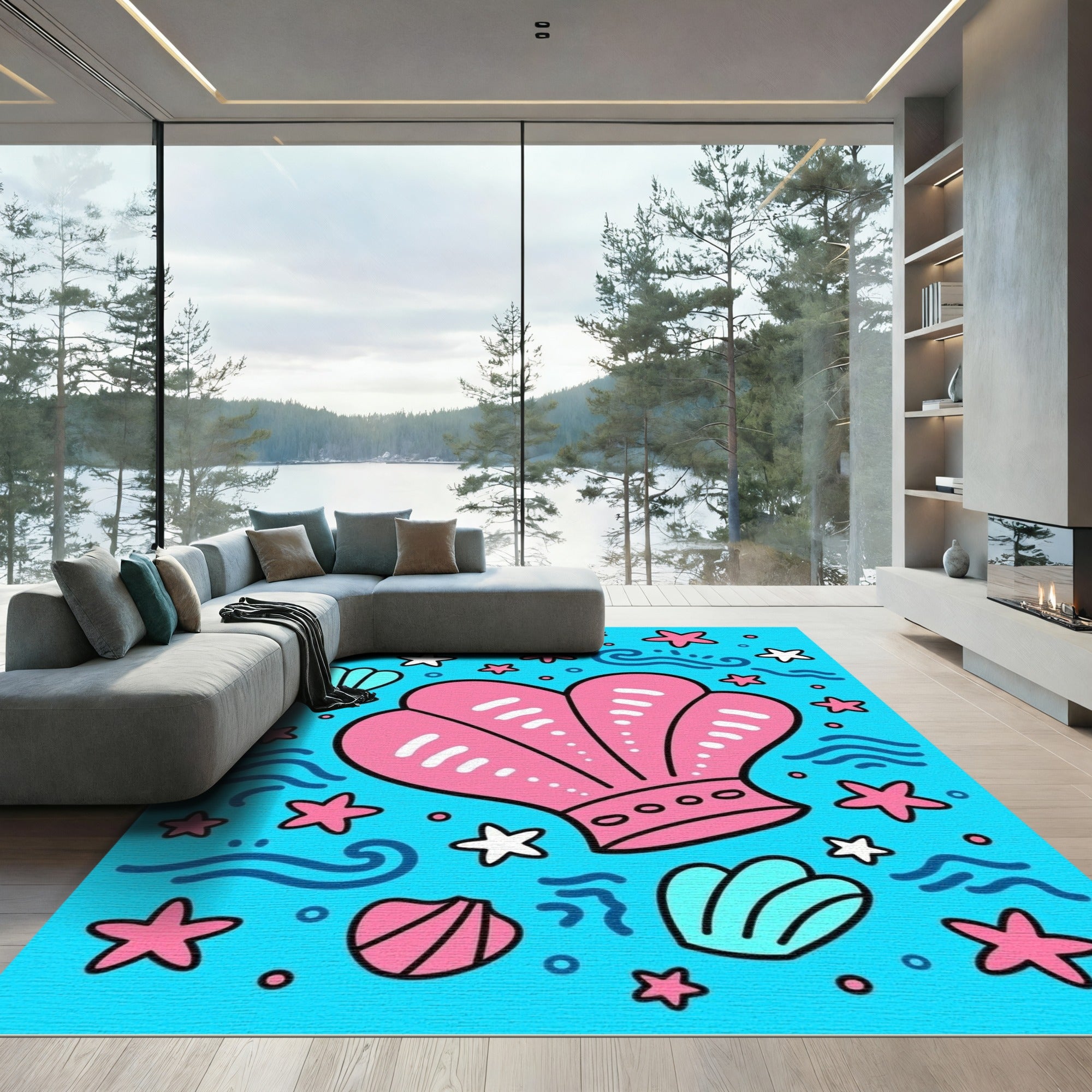 Pink Seashells Blue Water Starfish Accent Rug