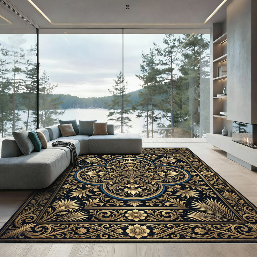 Ornate Gold Floral Damask Black Rug
