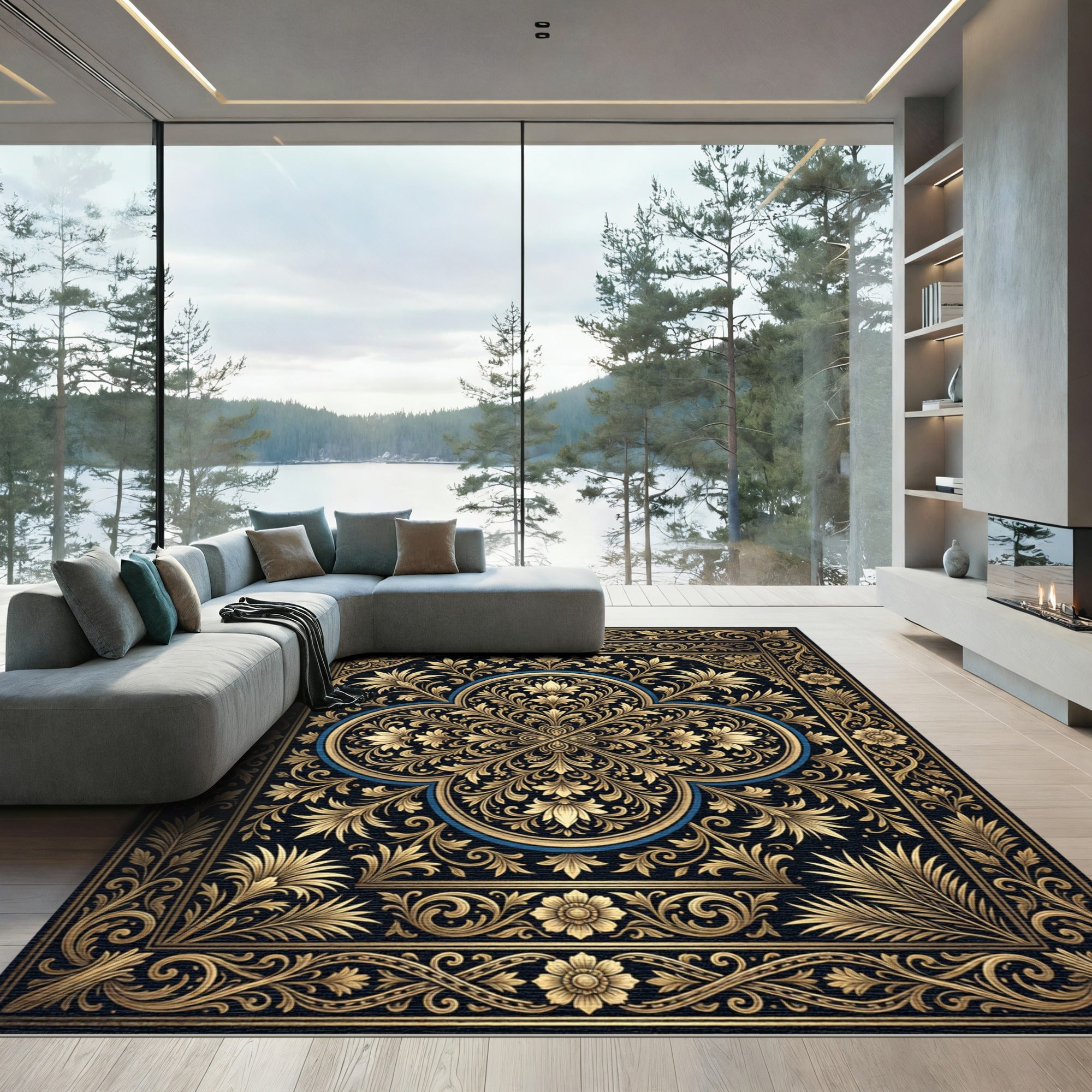 Ornate Gold Floral Damask Black Rug