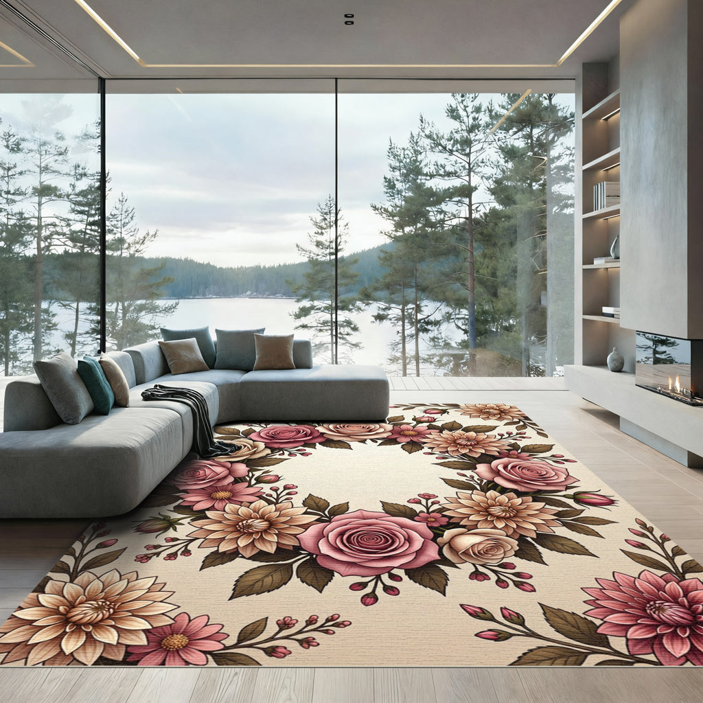 Elegant Dusty Pink Rose Dhalia Wreath Rug