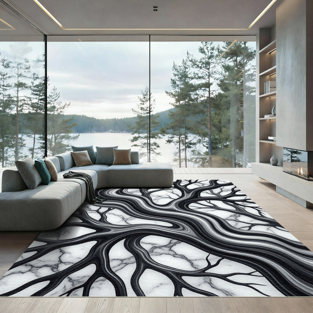 Monochrome Liquid Marble Branch Abstract Rug