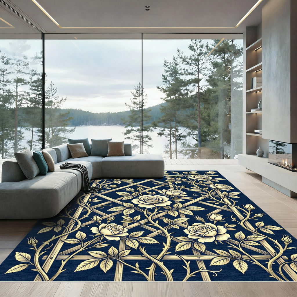 Cream Roses Trellis Navy Rug