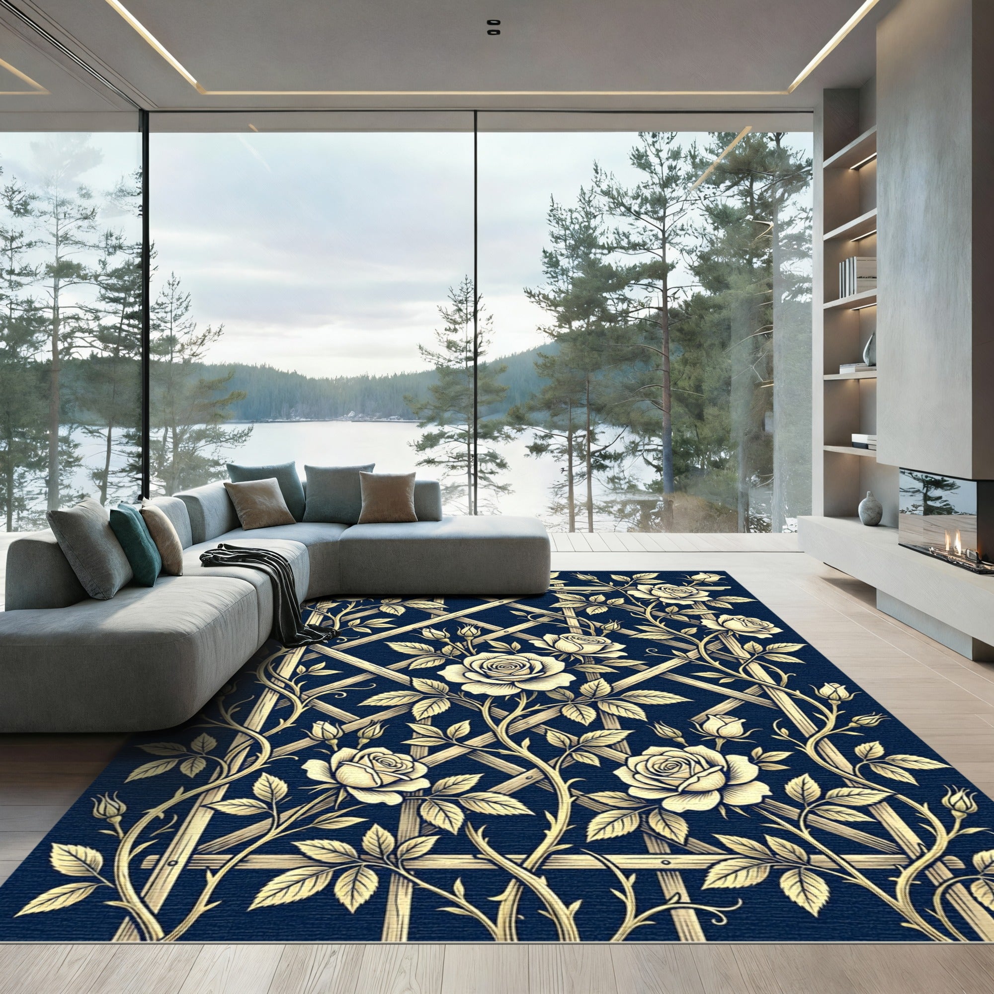 Cream Roses Trellis Navy Rug
