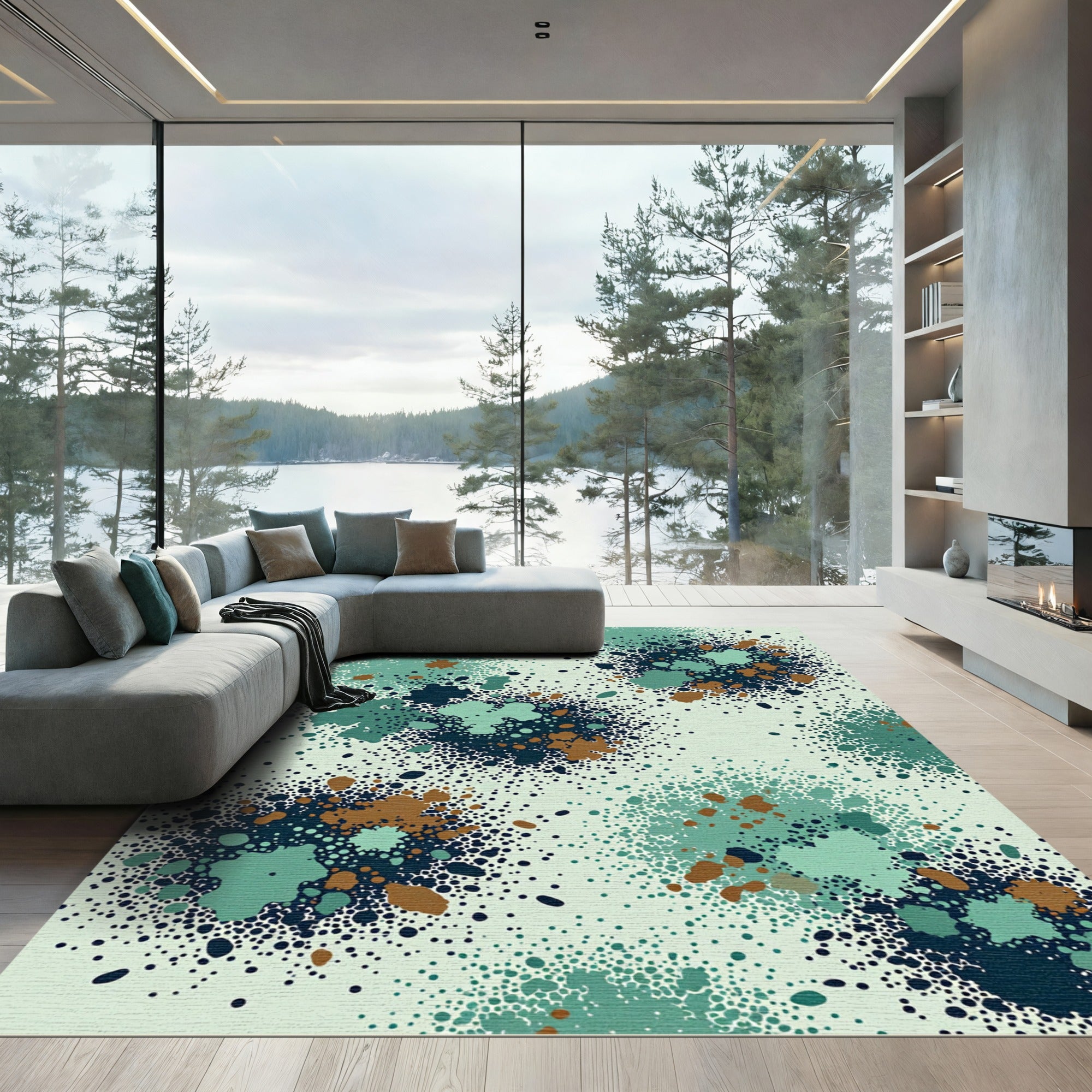 Teal Brown Speckled Spot Composition Rug