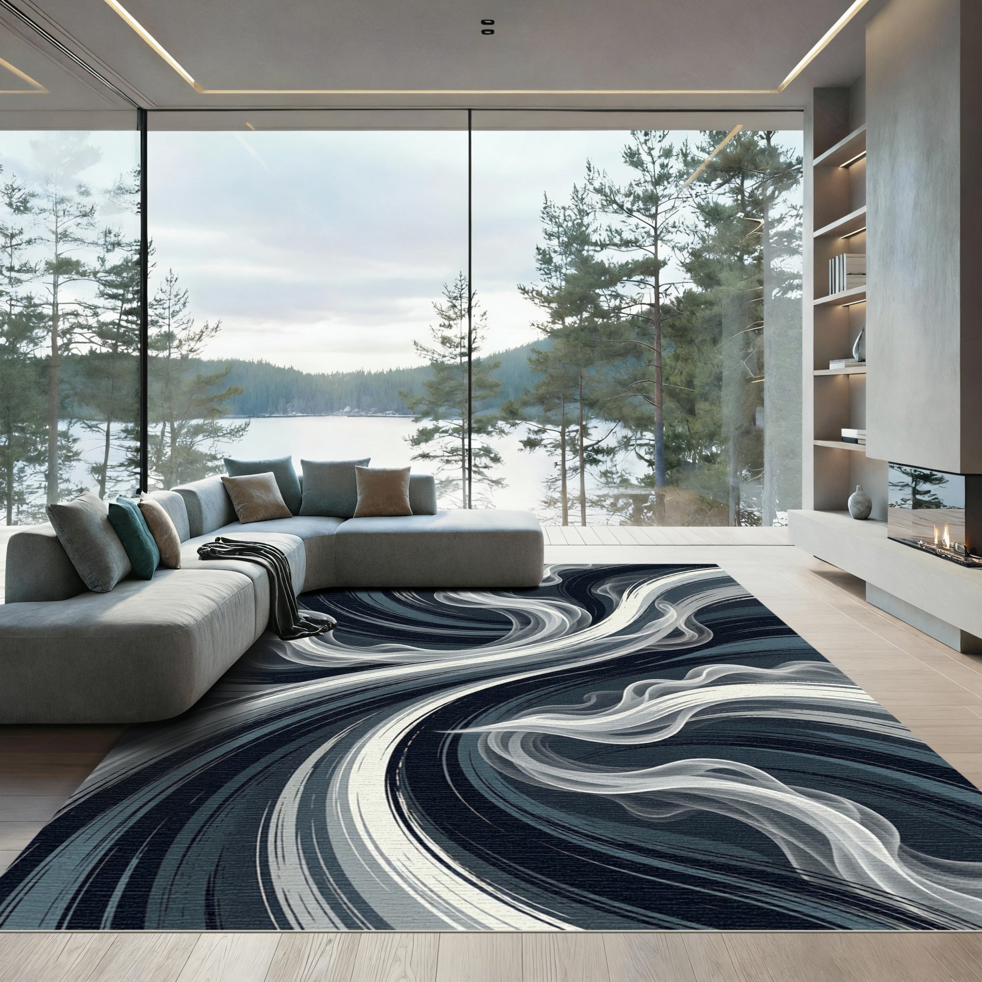 Abstract Monochrome Swirling Smoke Wave Rug