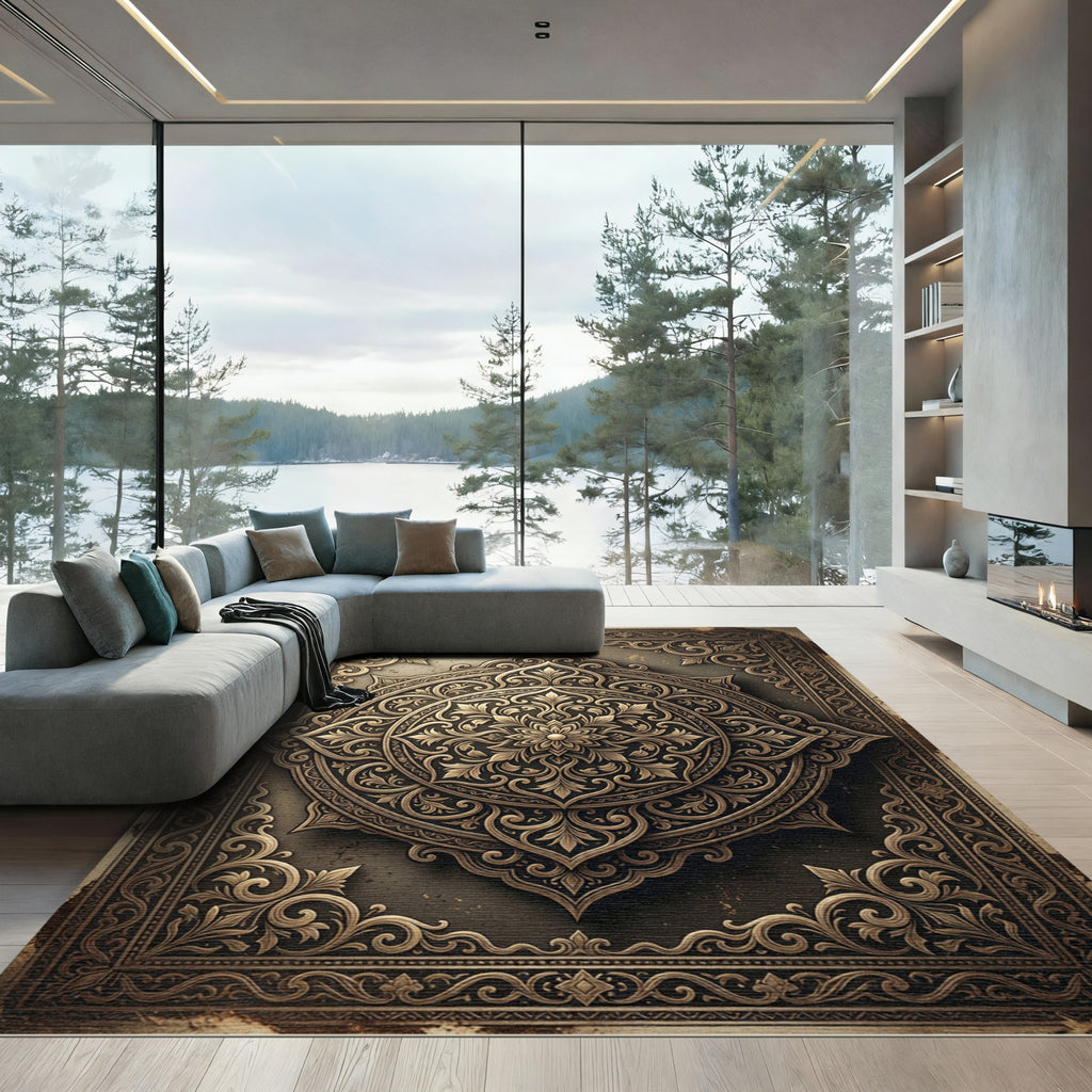 Elegant Bronze Ornate Floral Medallion Rug
